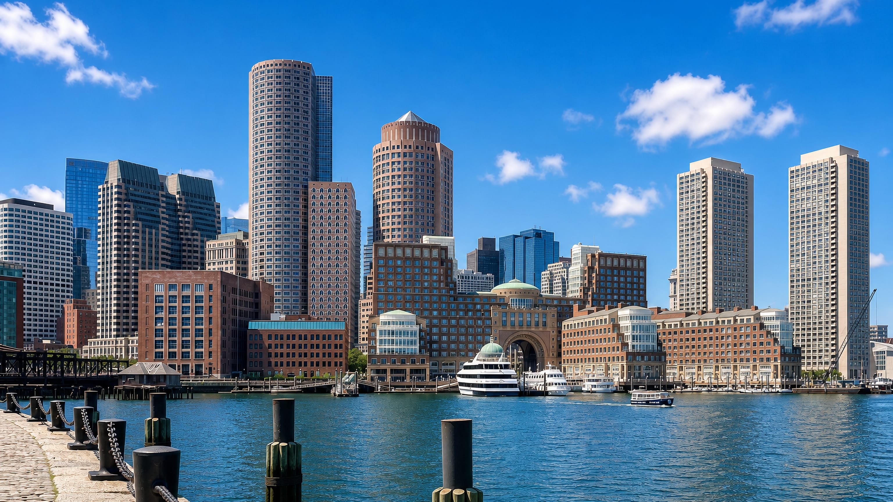 Boston's waterfront skyline across the harbor, with the Rowes Wharf arch and Financial District towers on a clear day.