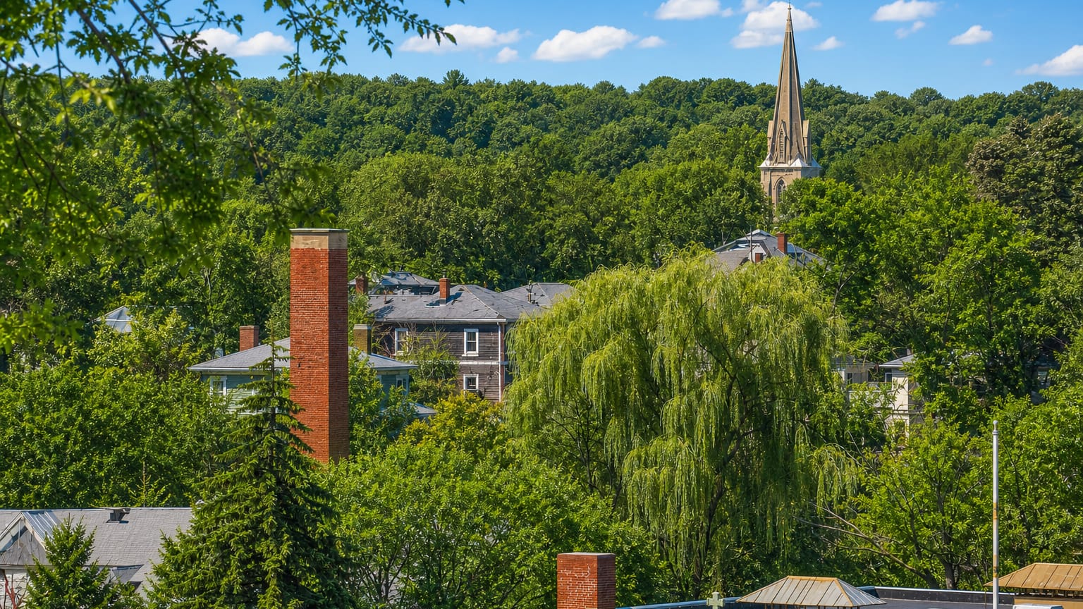 Leafy Jamaica Plain neighborhood in Boston with a church steeple and brick houses rising among dense green trees