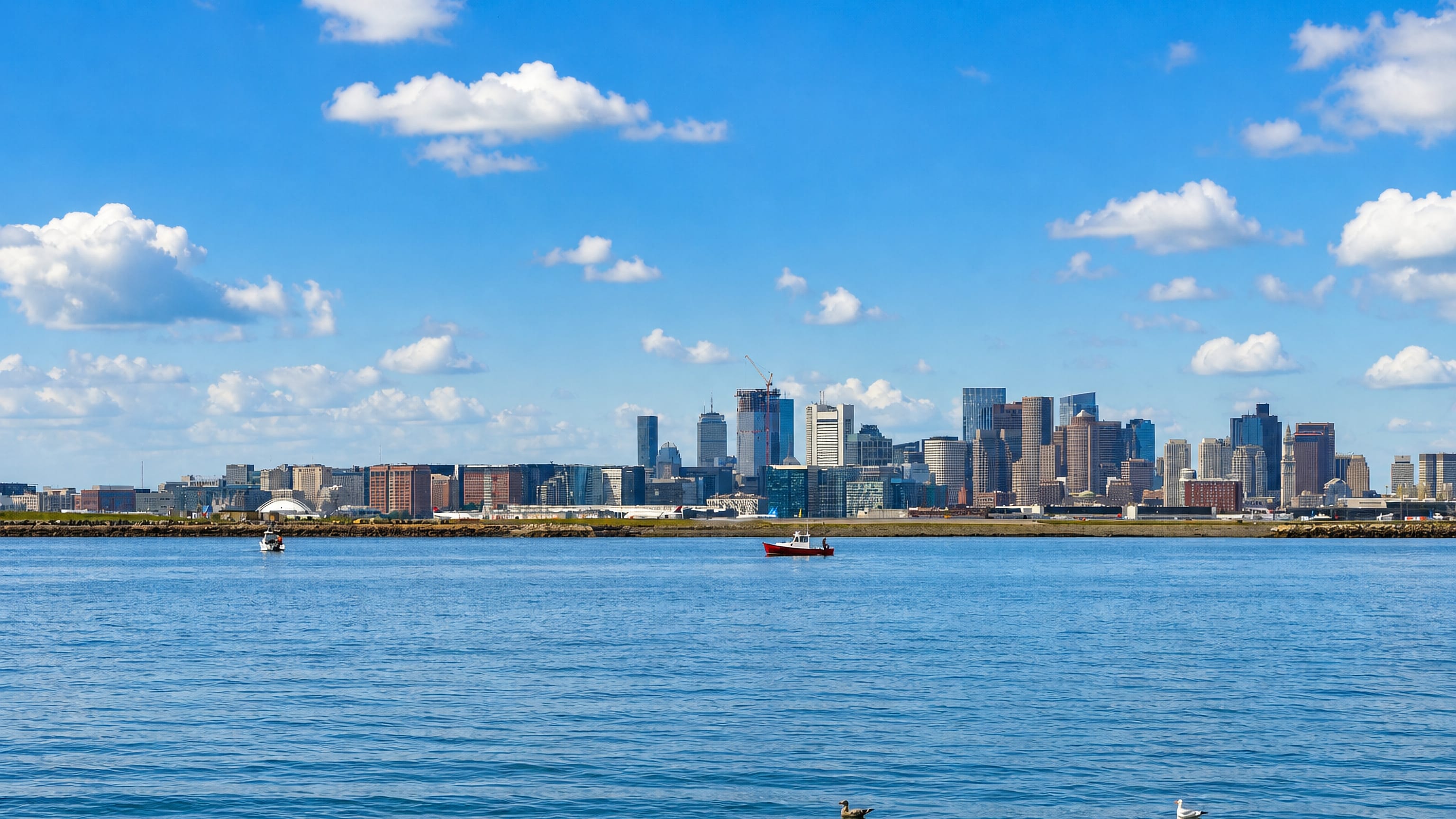 The Boston skyline with the Prudential and Hancock towers rising across the harbor from South Boston.