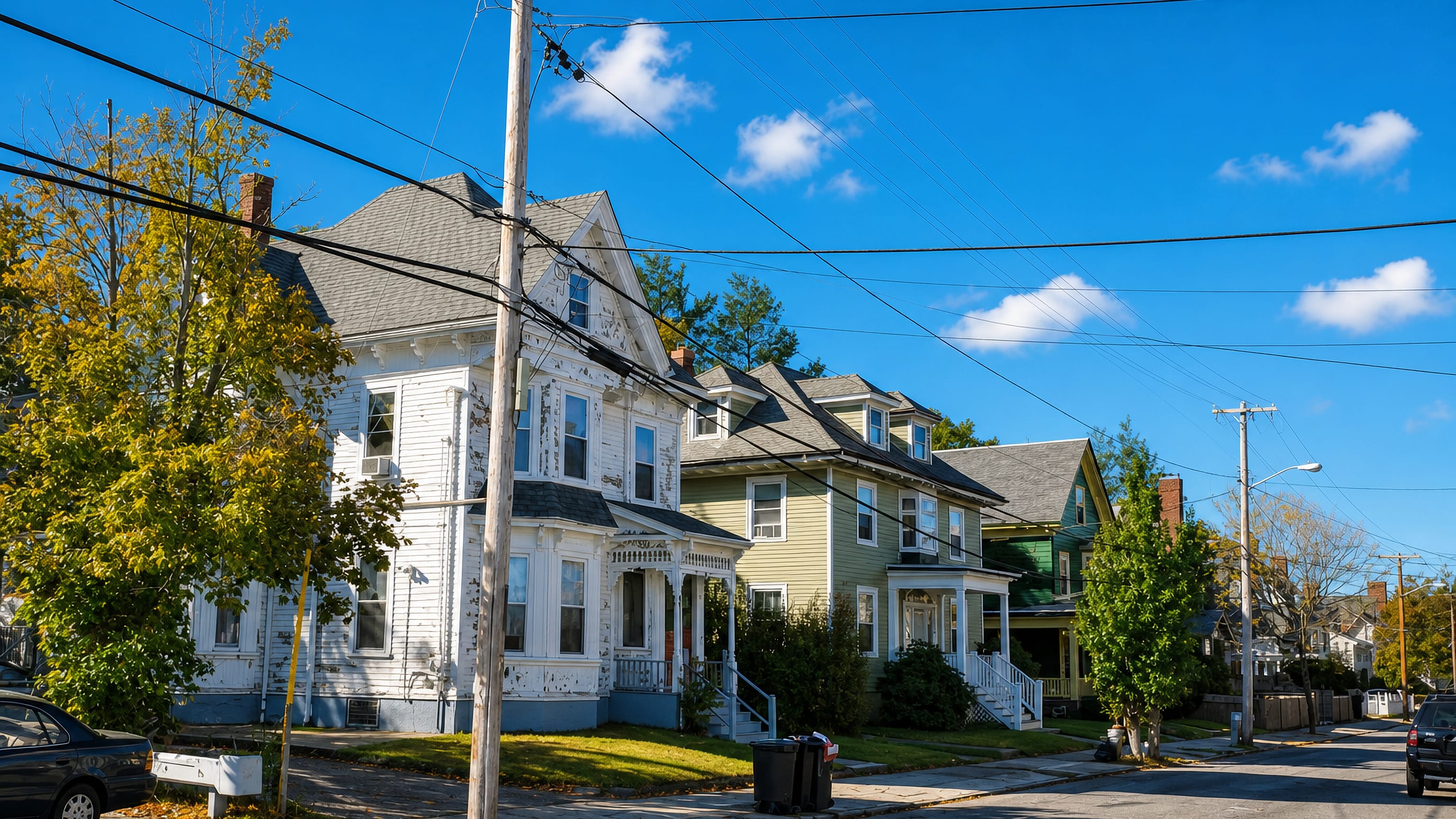 Wood-frame Victorian houses and overhead wires along a residential street in Brockton, Massachusetts.