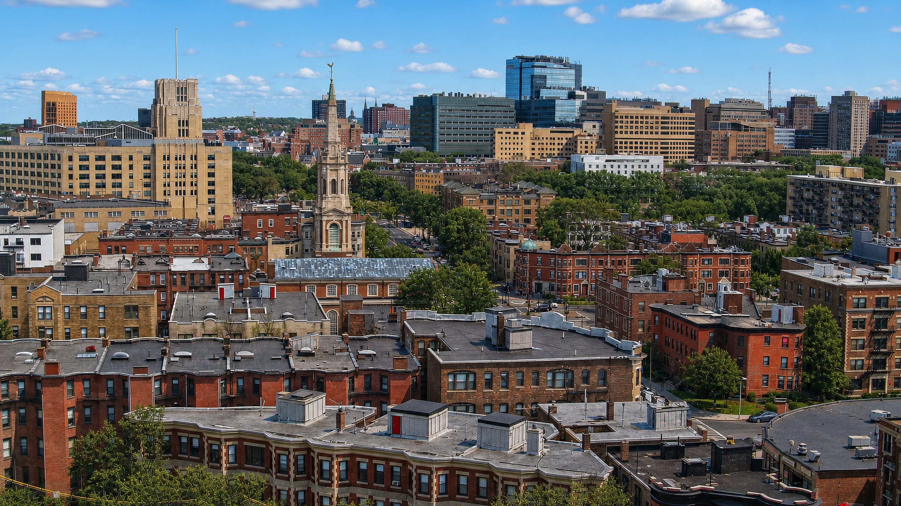 Brick apartment rows and a stone church steeple in Brookline, Massachusetts, with Longwood towers behind