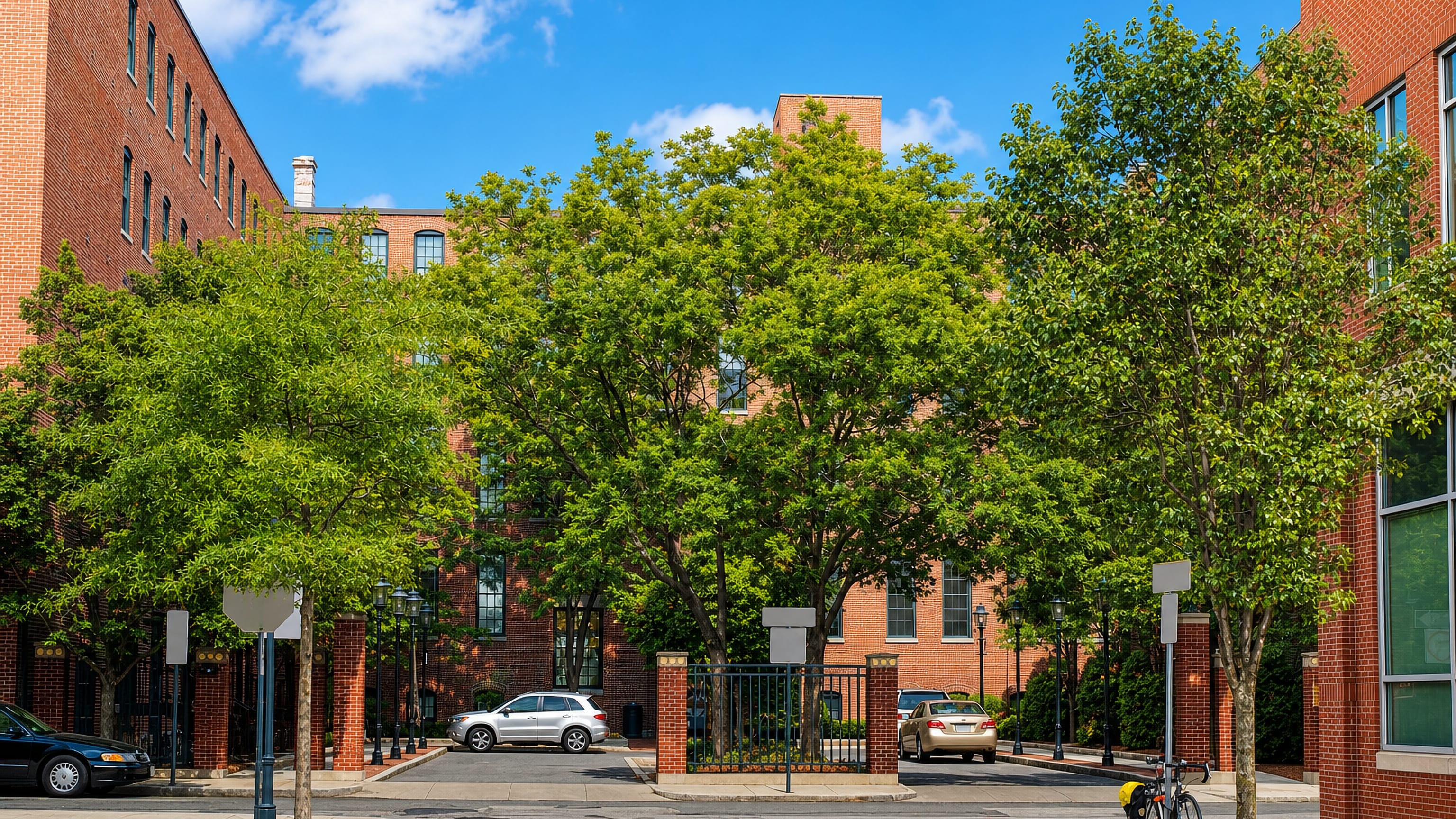 Red-brick mill buildings and tree-lined streets in Cambridgeport, Cambridge, Massachusetts.