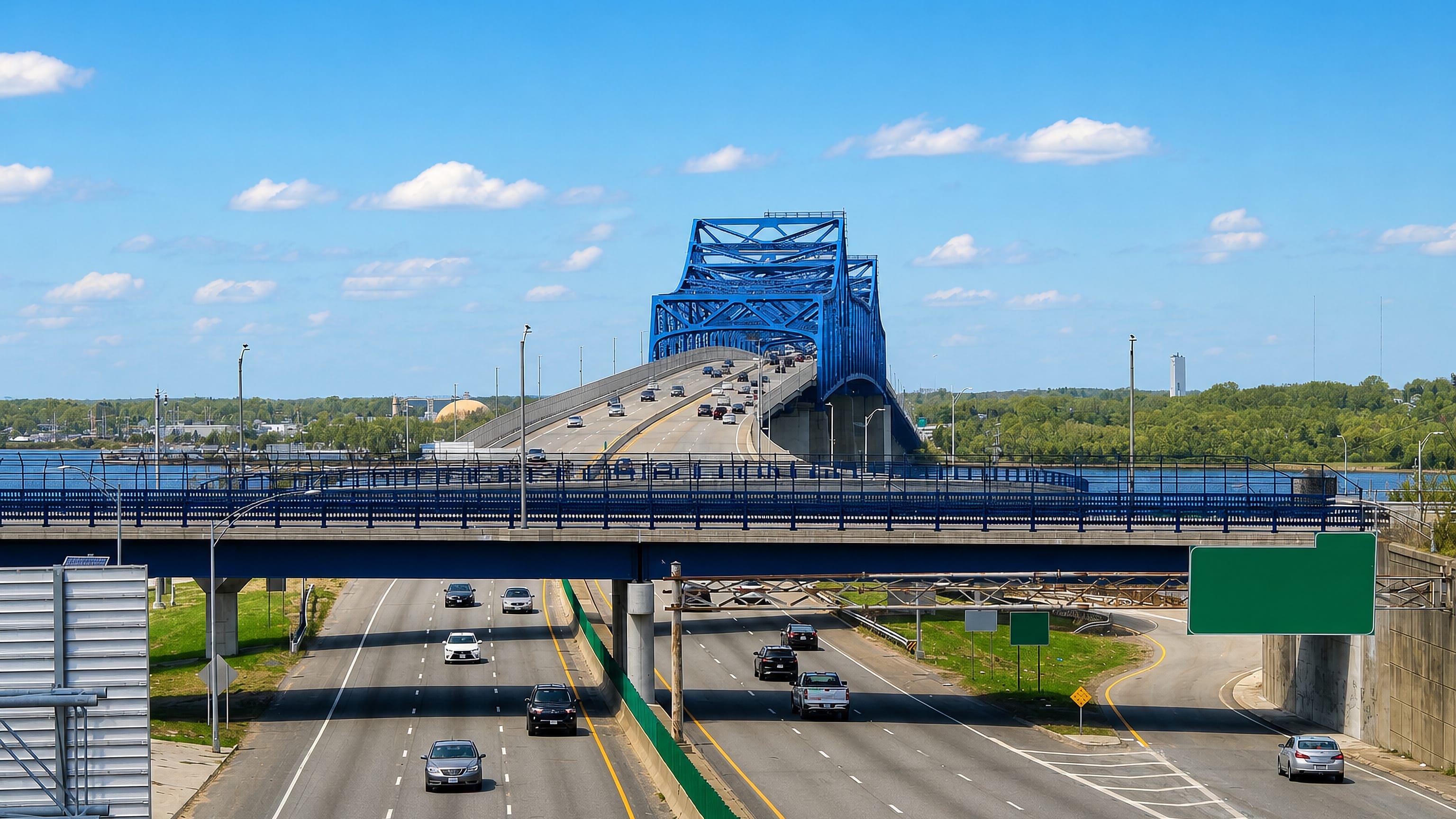 The blue steel Braga Bridge carrying the interstate over the Taunton River at Fall River, Massachusetts.