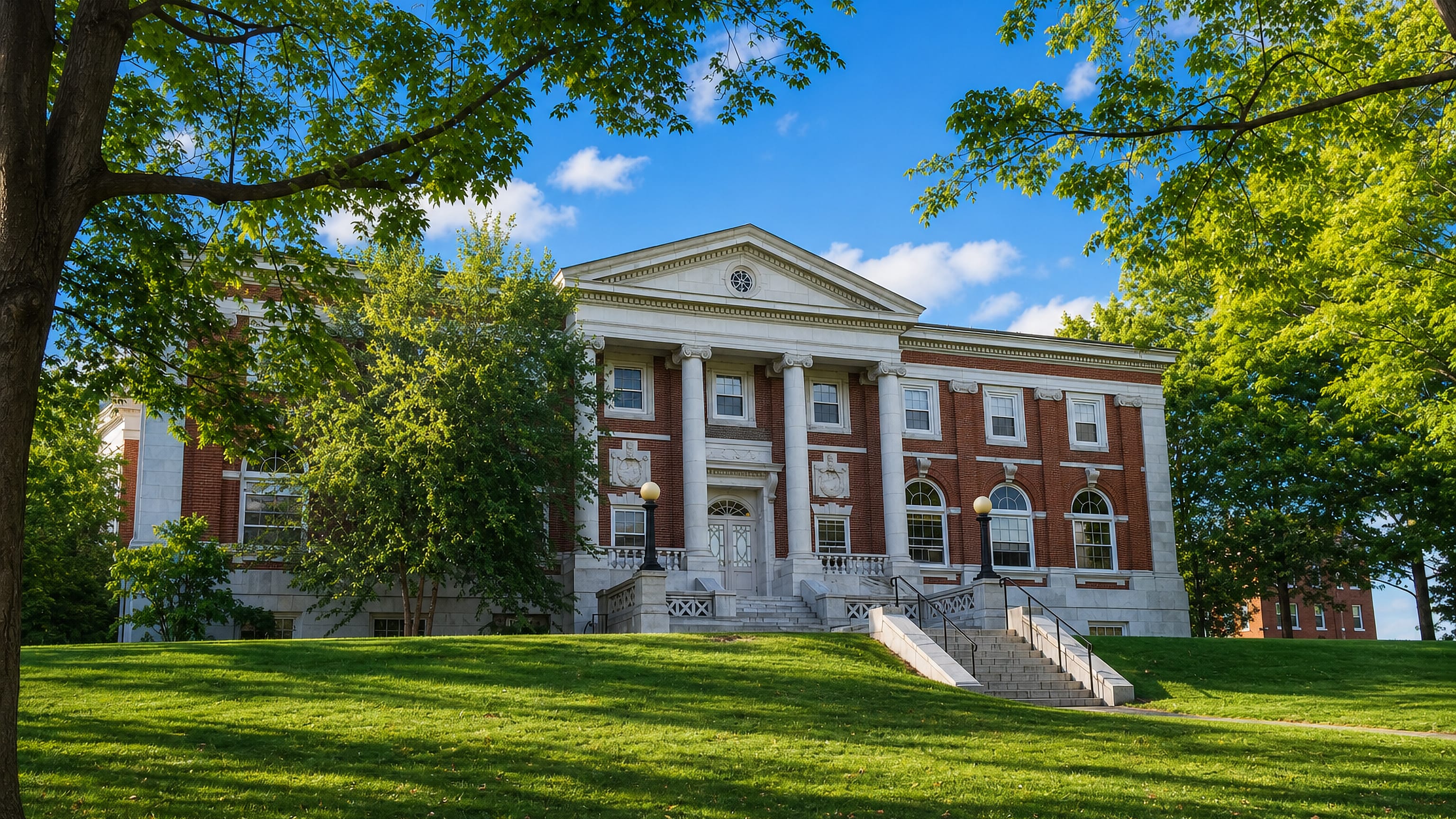 Red-brick columned campus hall on a grassy hilltop framed by summer trees in Medford, Massachusetts.