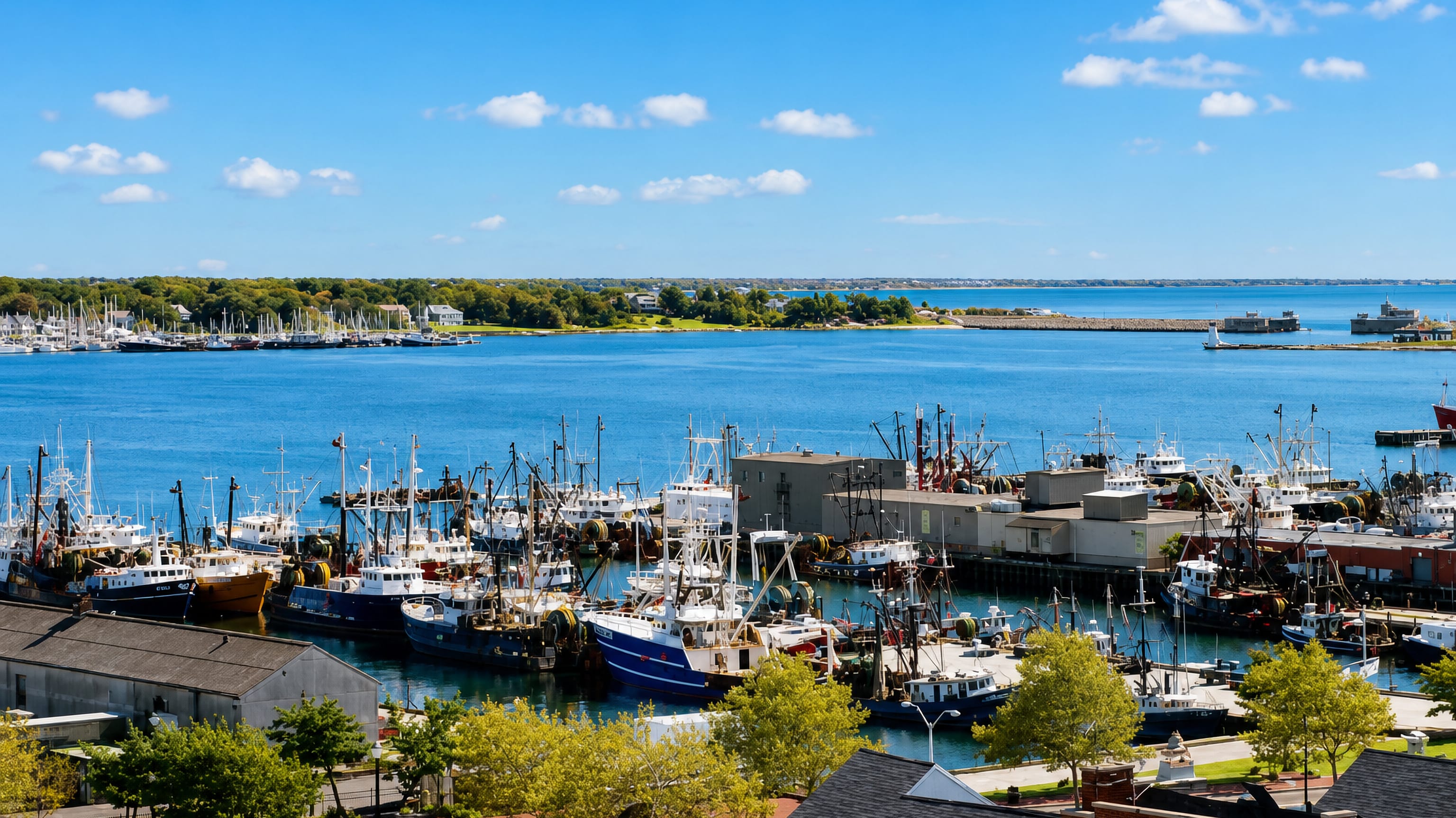 New Bedford harbour packed with fishing trawlers, the hurricane barrier and Buzzards Bay stretching beyond.