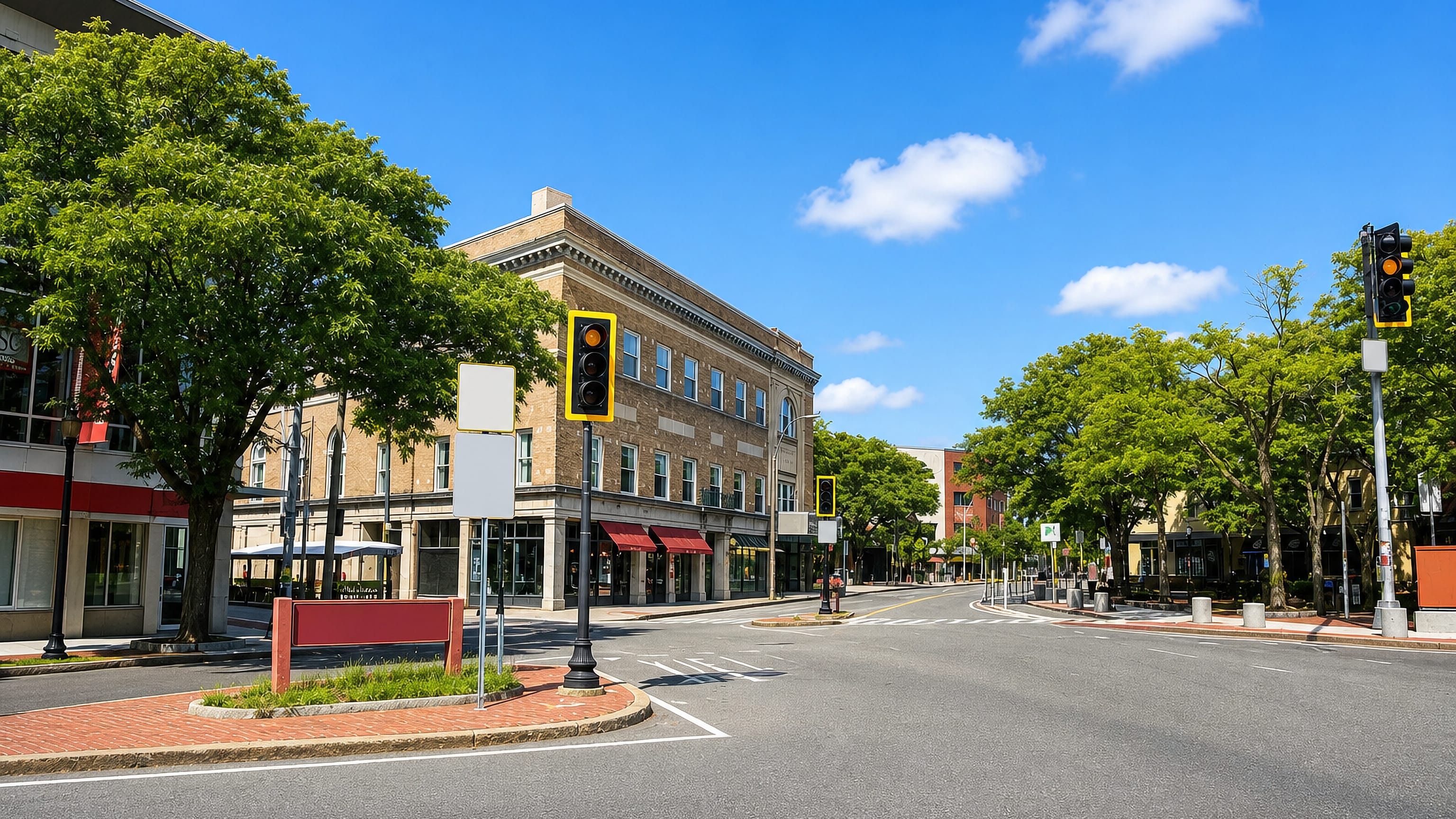 Brick storefront blocks and a tree-lined intersection in Somerville, Massachusetts, on a clear summer day.