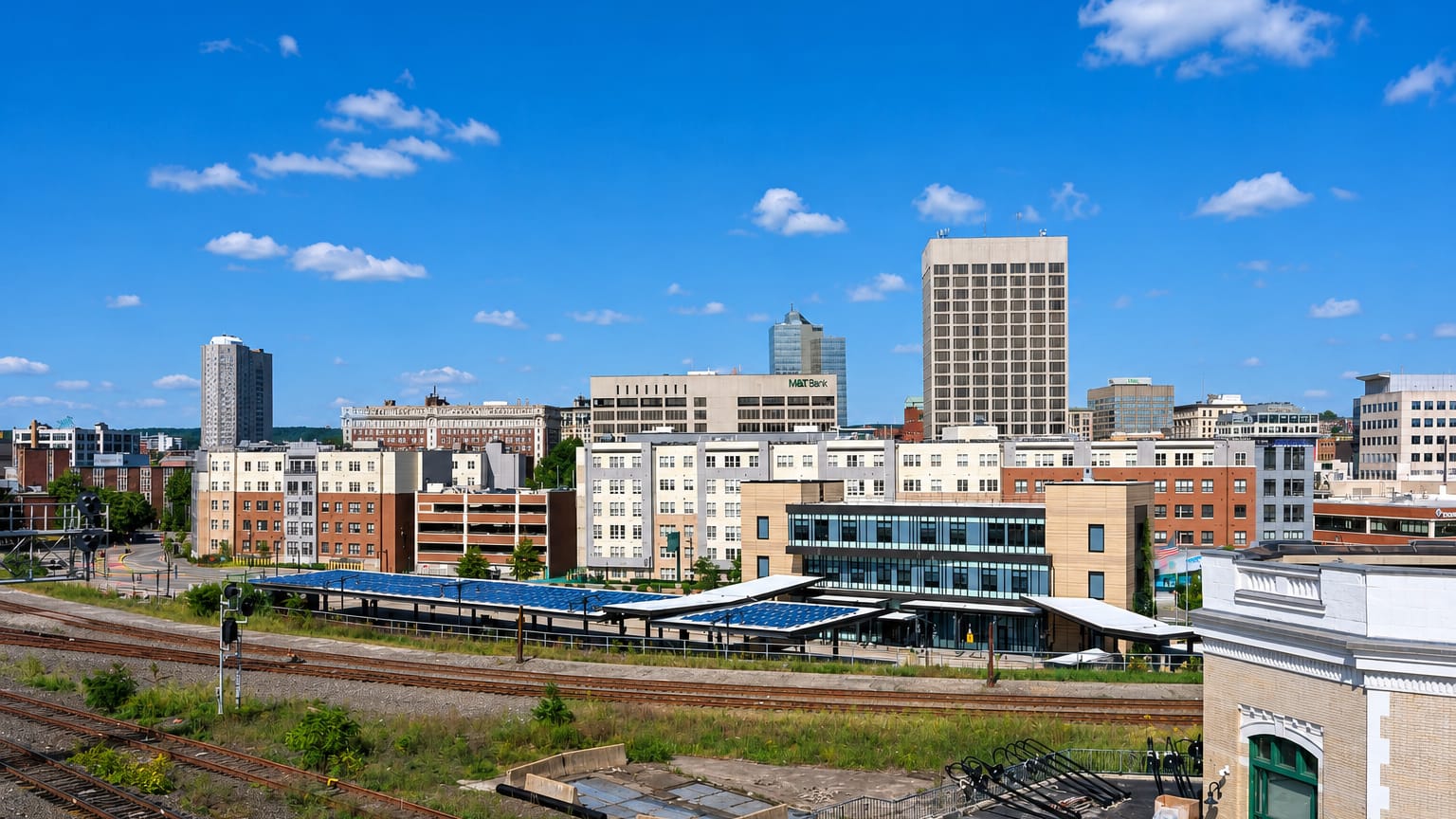 Worcester, Massachusetts, skyline with the Union Station rail yard in the foreground and mid-rise towers beyond.