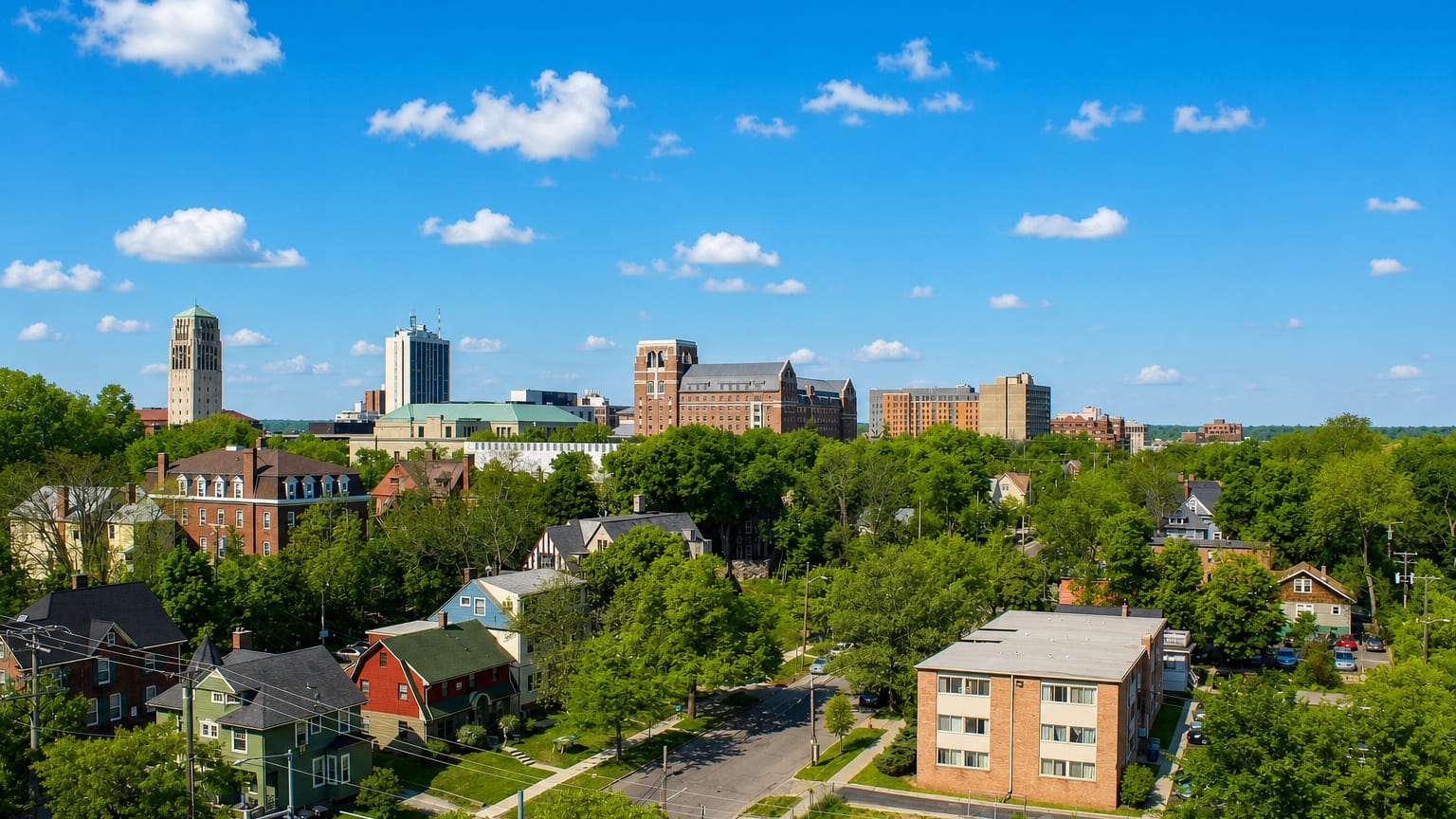 Aerial view of Ann Arbor, Michigan with a university clock tower rising above leafy tree-lined neighborhoods.