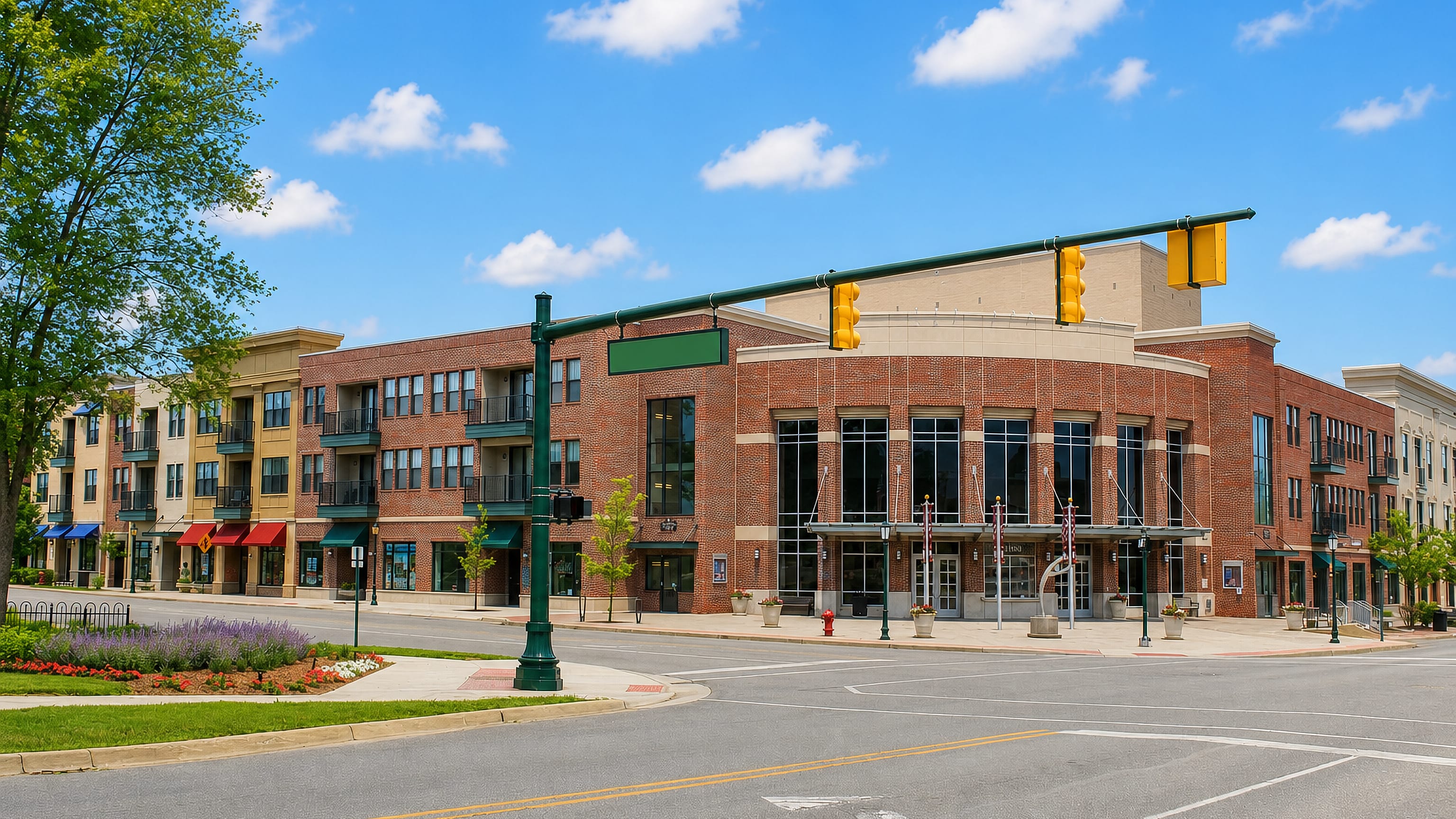 Brick town-centre block with shops and apartments on a quiet crossroads in Canton, Michigan