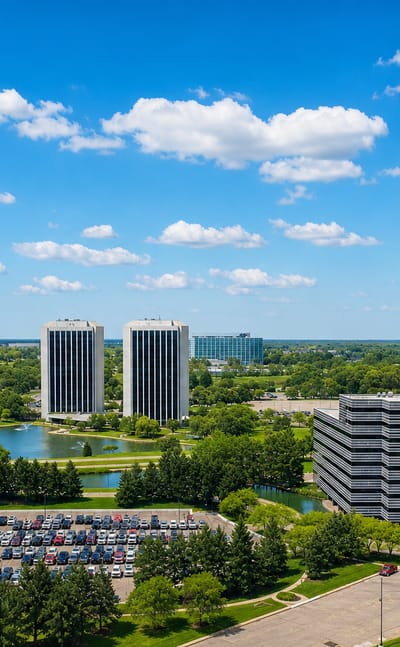 Aerial view of Dearborn, Michigan showing twin dark office towers by a pond amid green corporate parkland.