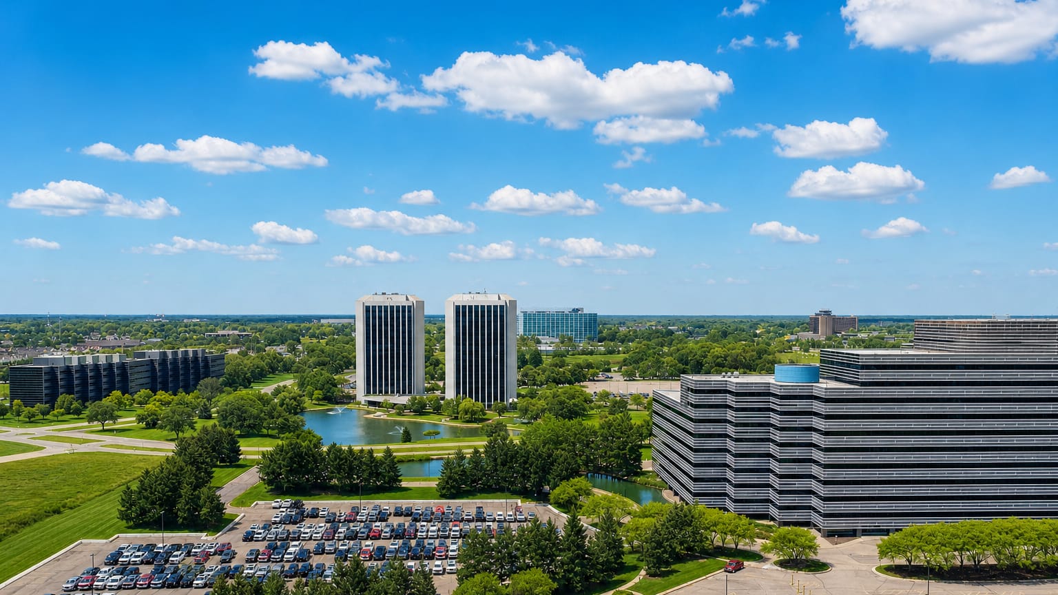 Aerial view of Dearborn, Michigan showing twin dark office towers by a pond amid green corporate parkland.