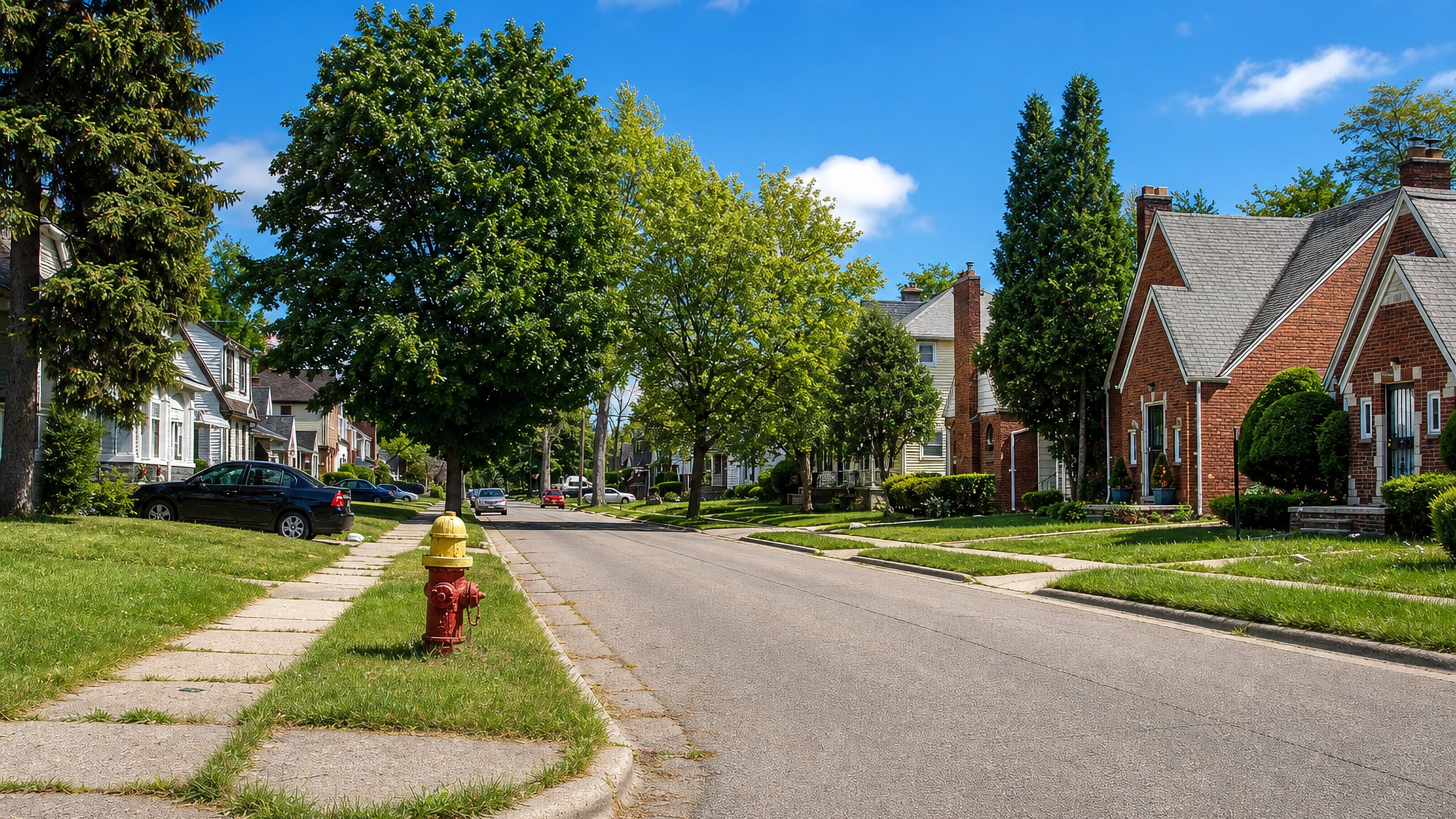 Tree-lined residential street in Brightmoor, Detroit, with brick and clapboard houses and a red fire hydrant.