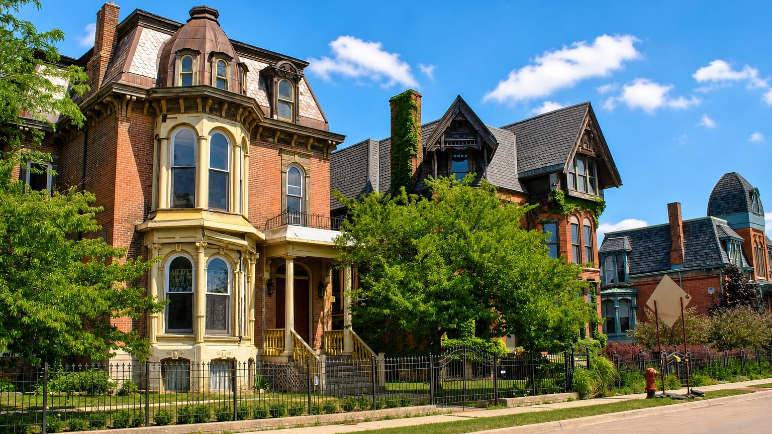 Restored Victorian Gothic mansions with ornate bay windows lining a street in Brush Park Historic District, Detroit.