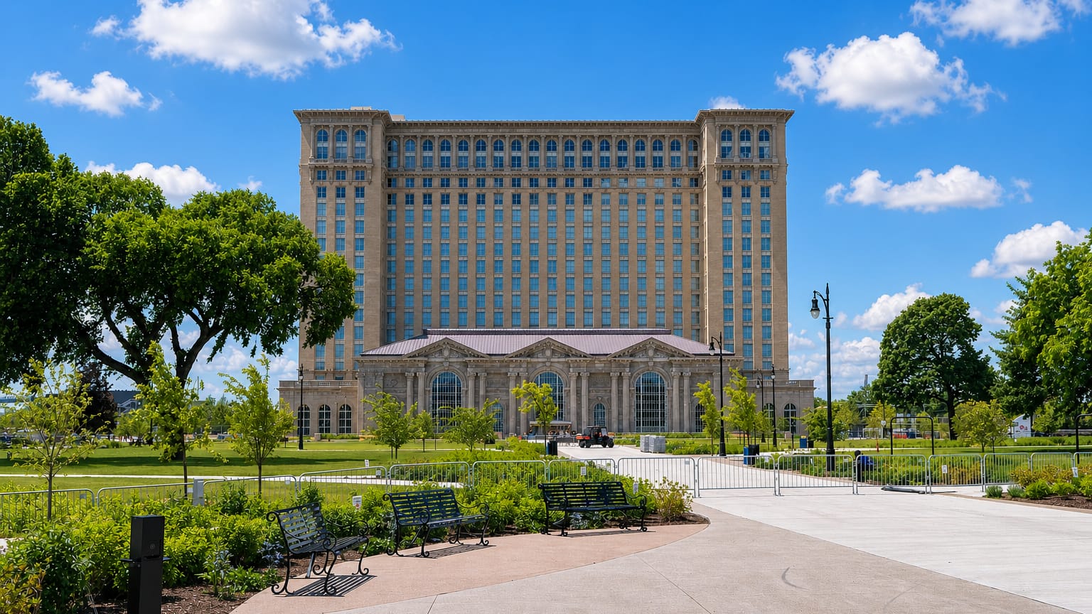 Michigan Central Station towering over a landscaped park in Corktown, Detroit, under a blue summer sky