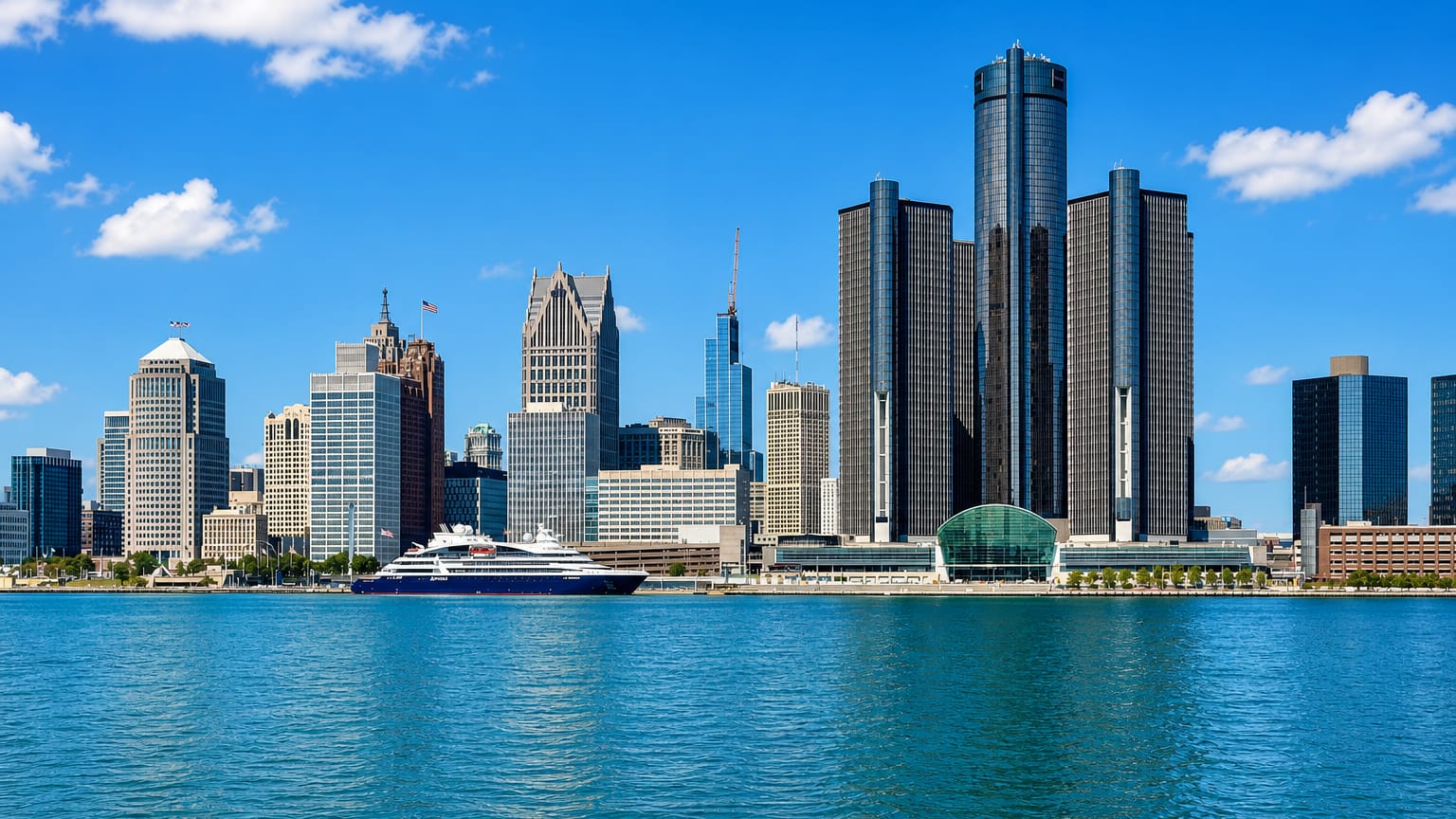 Downtown Detroit skyline with the Renaissance Center towers rising over the Detroit River
