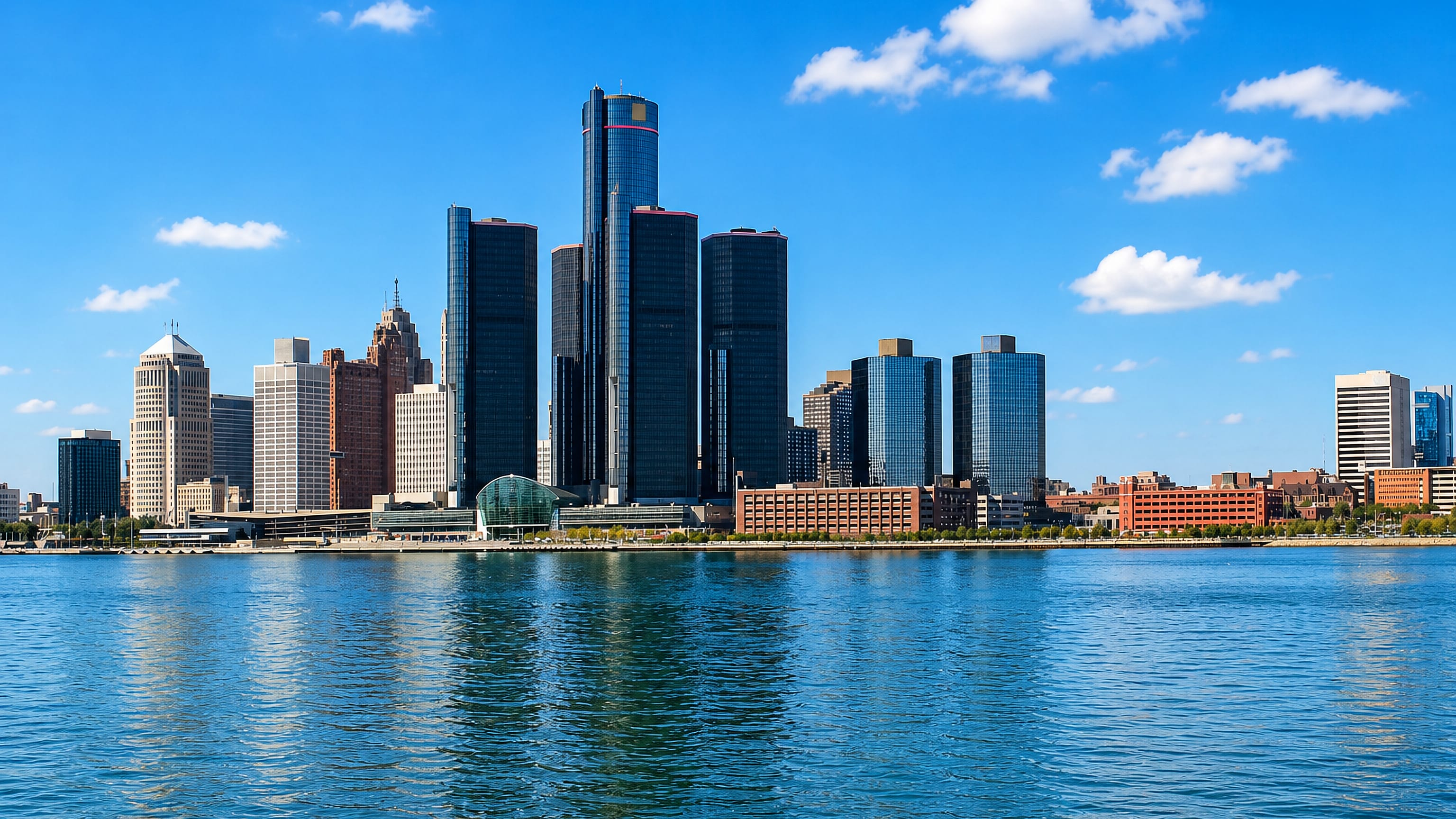 Detroit's downtown skyline and Renaissance Center towers seen across the river beside Greektown.