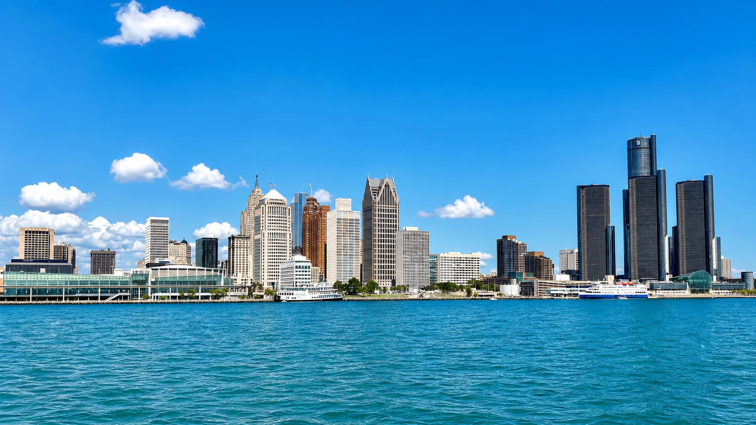 Detroit's downtown skyline across the Detroit River, anchored by the GM Renaissance Center towers.