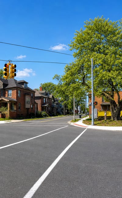 Tree-lined street corner of historic brick mansions in Detroit's Indian Village neighborhood