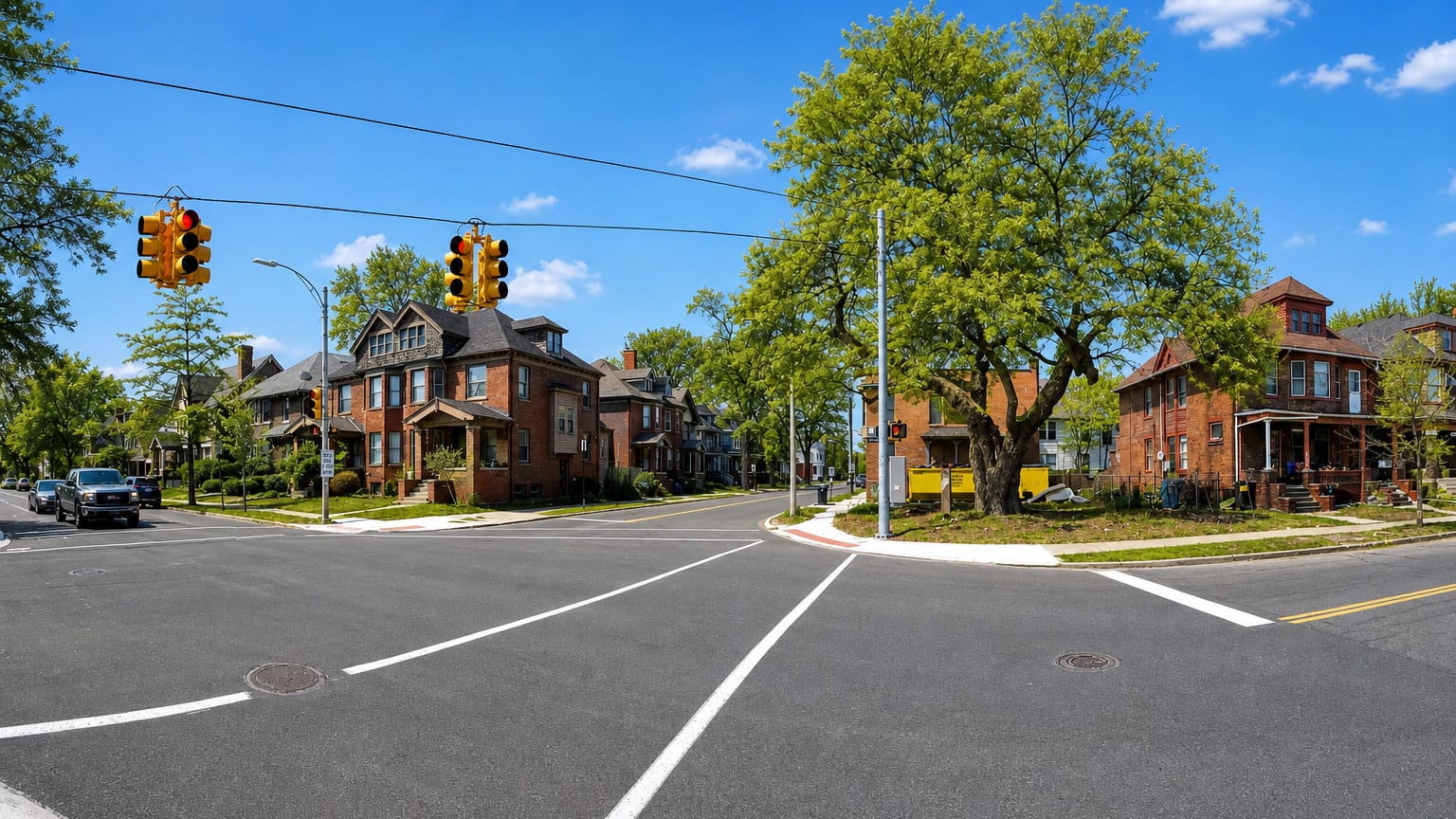 Tree-lined street corner of historic brick mansions in Detroit's Indian Village neighborhood
