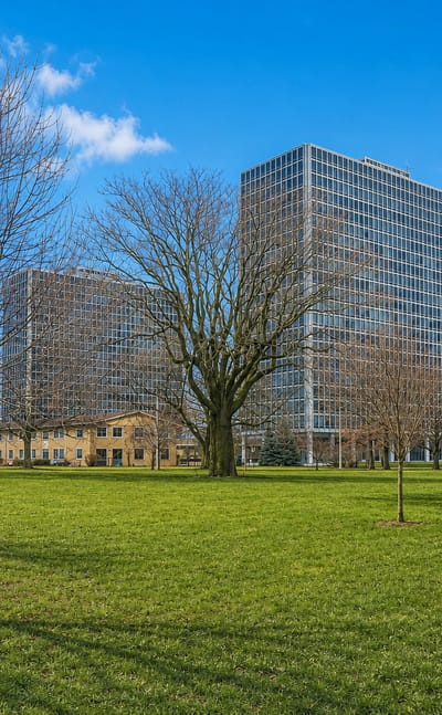Mies van der Rohe glass towers of Lafayette Park, Detroit, set among parkland trees under a blue sky