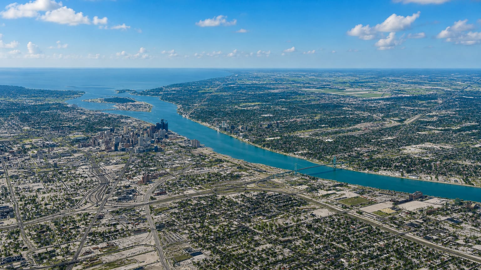 Aerial view over the Detroit River toward downtown Detroit's skyline near the Mexicantown district