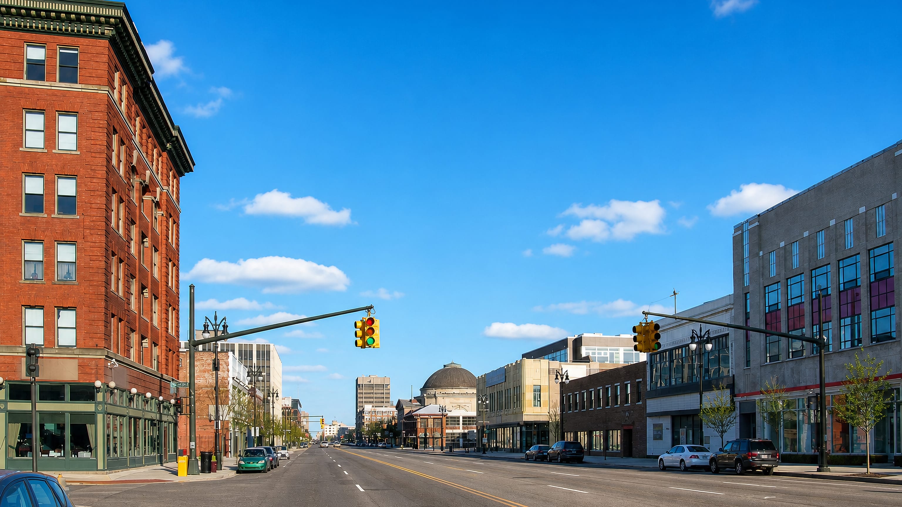 A wide avenue lined with historic brick and low-rise commercial buildings in Midtown Detroit under clear skies