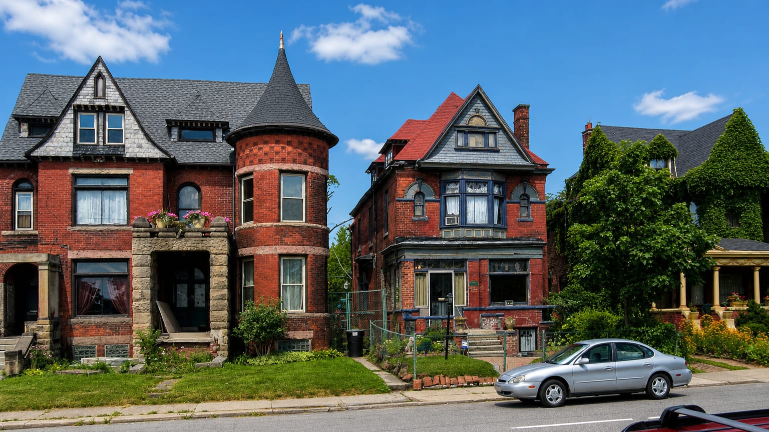 Ornate Victorian brick houses with a turret line a residential street in Detroit's Woodbridge Historic District.