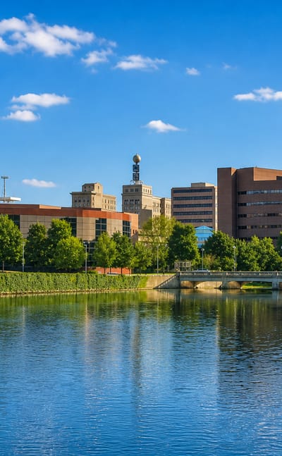Downtown Flint, Michigan mid-rise skyline with a stone bridge reflected across the Flint River.