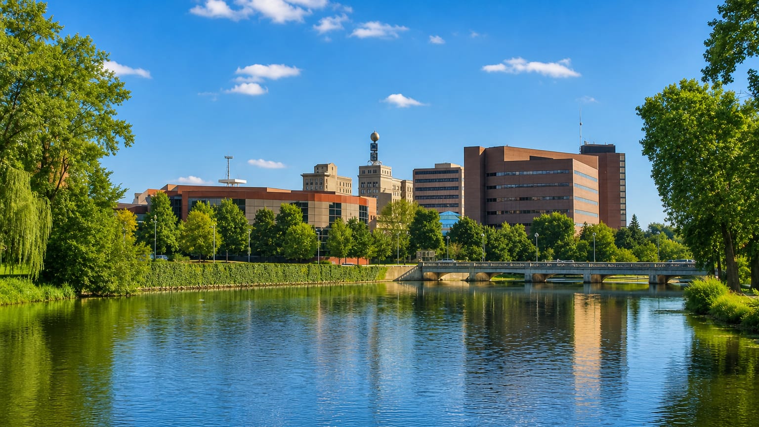 Downtown Flint, Michigan mid-rise skyline with a stone bridge reflected across the Flint River.