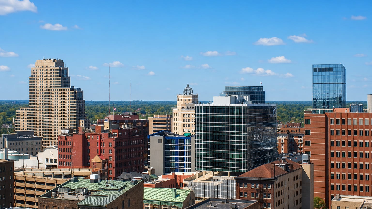 Downtown Grand Rapids, Michigan skyline of mid-rise office towers under a clear blue sky.