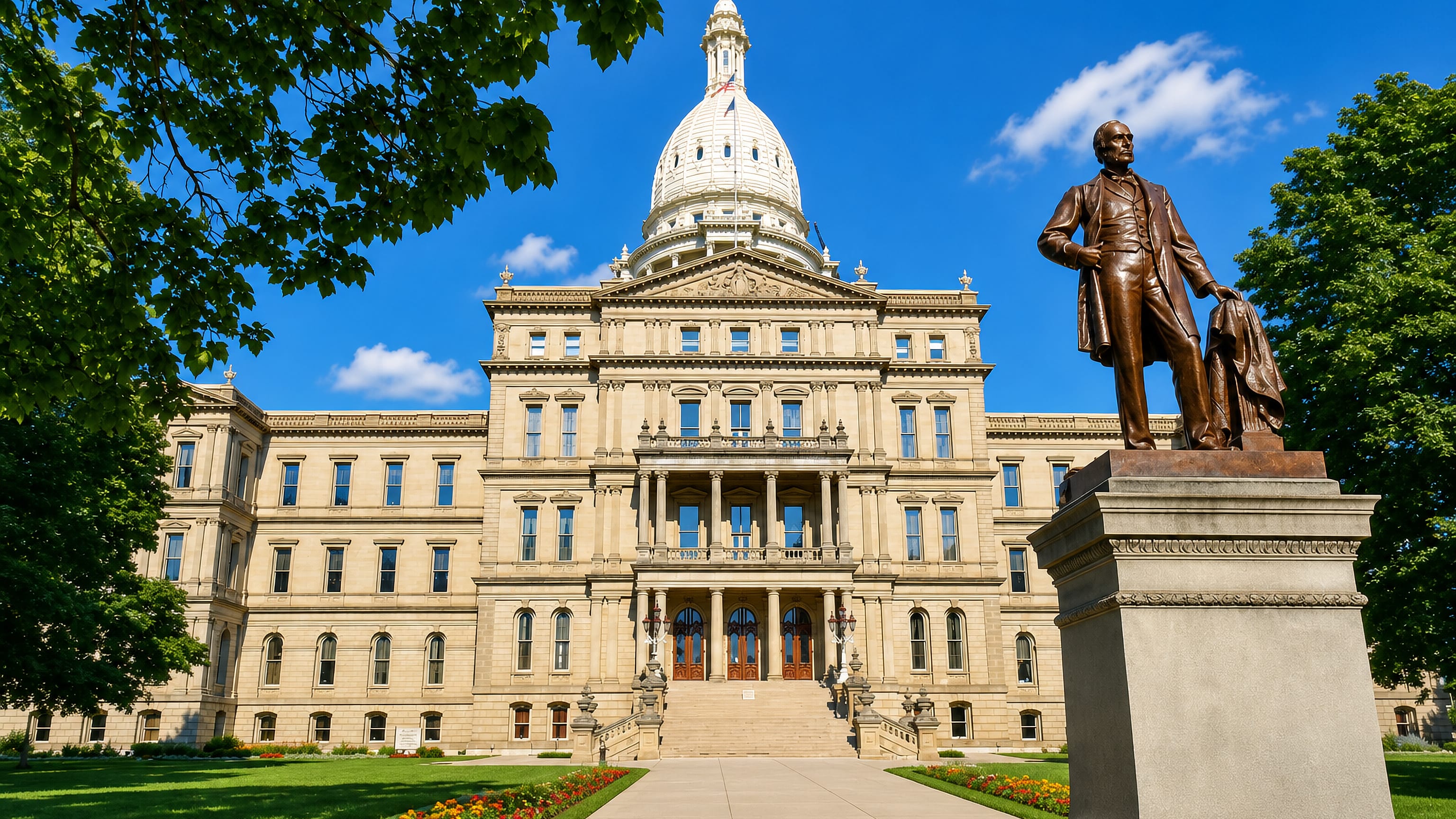 Michigan State Capitol in Lansing, its white dome above sandstone wings, with a bronze statue and flowerbeds.