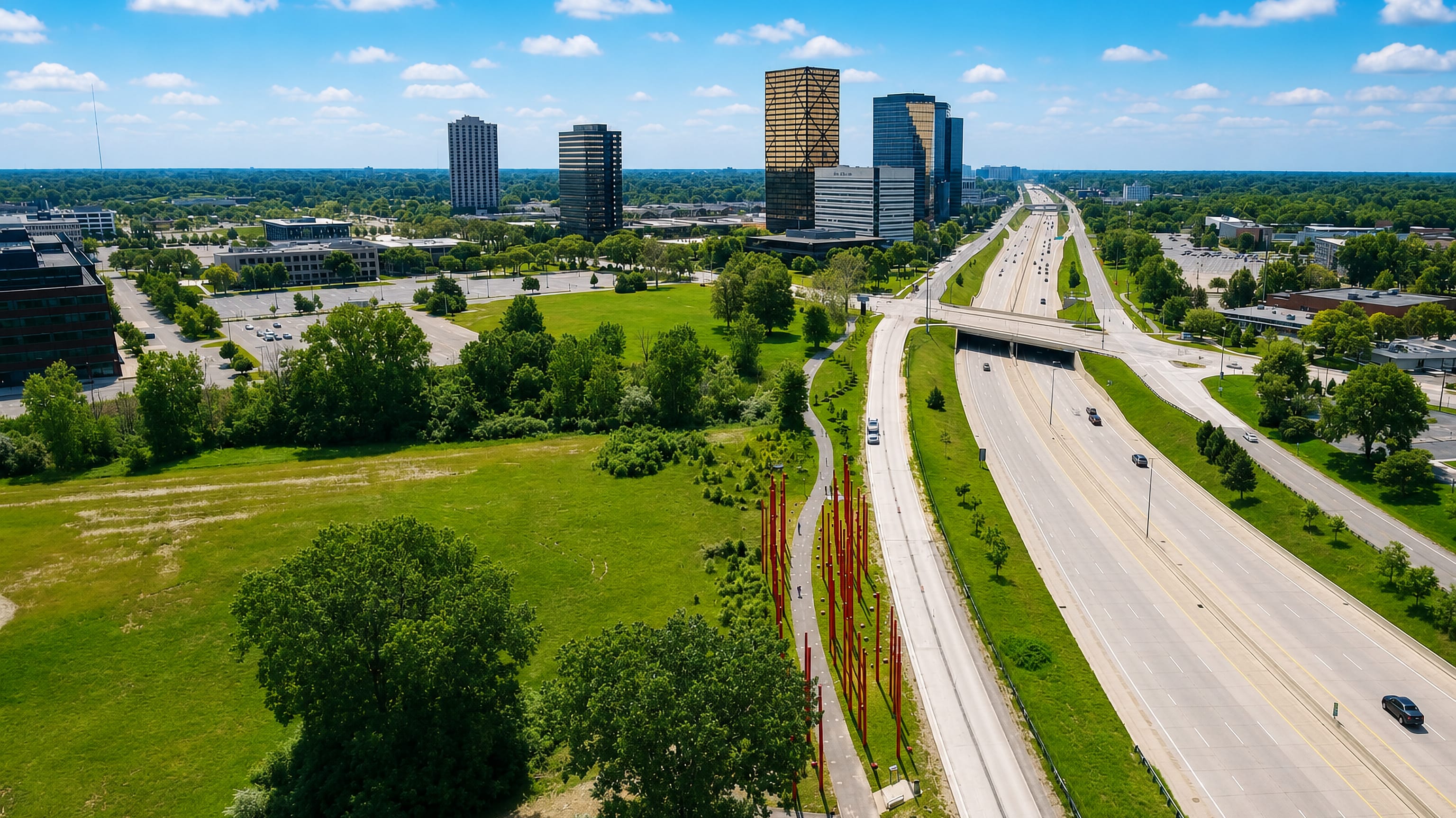 Southfield's gold and glass Town Center towers rising beside the freeway through green Michigan suburbs.