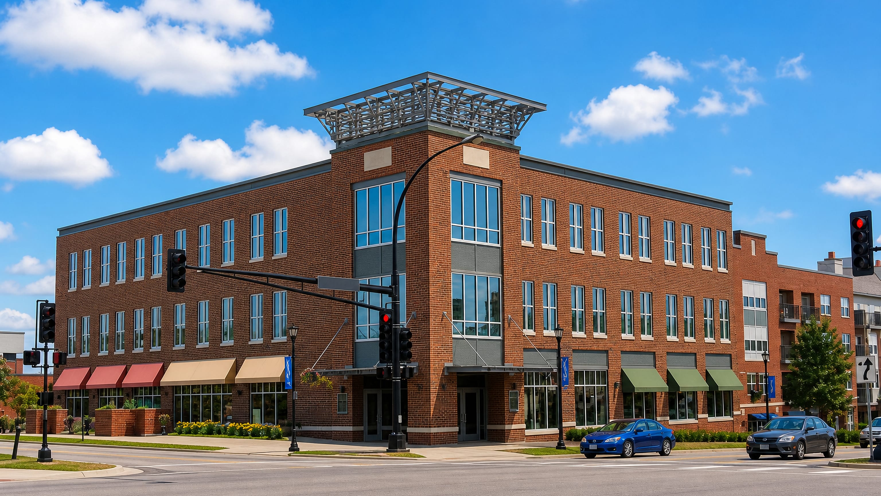 Three-storey brick mixed-use building with awnings at a street corner in Burnsville, Minnesota.