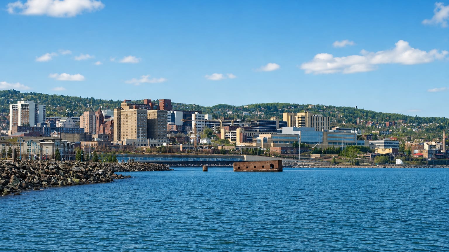 Duluth, Minnesota's hillside downtown rising above Lake Superior, seen past a rocky breakwater.