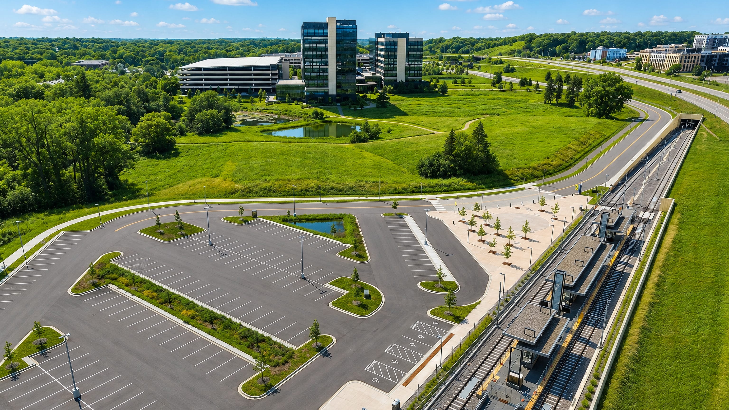 Aerial view of office towers, wetlands and a light-rail park-and-ride in Eden Prairie, Minnesota.