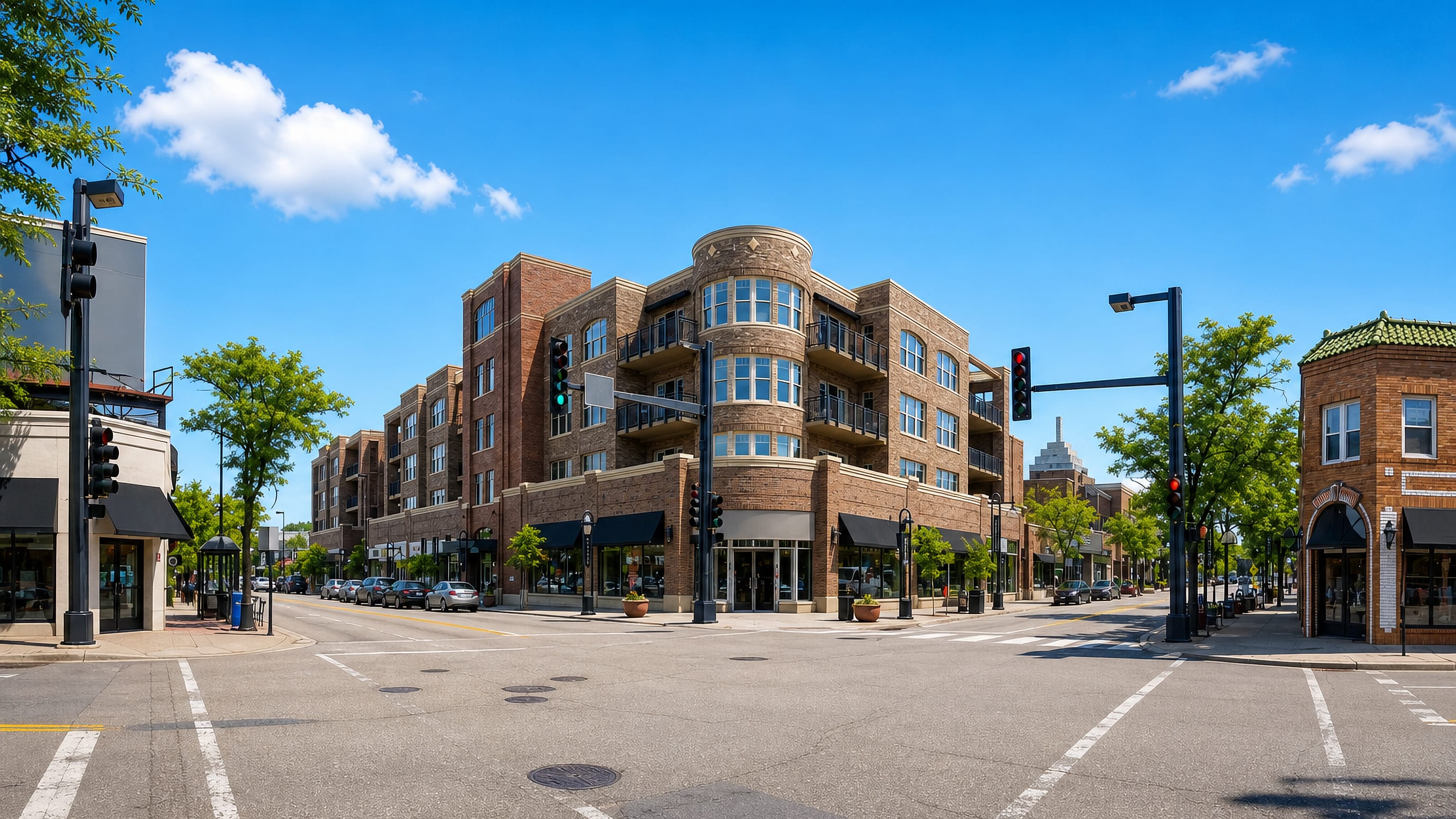 A brick corner building with awnings and street trees at a shopping-district crossroads in Edina, Minnesota.