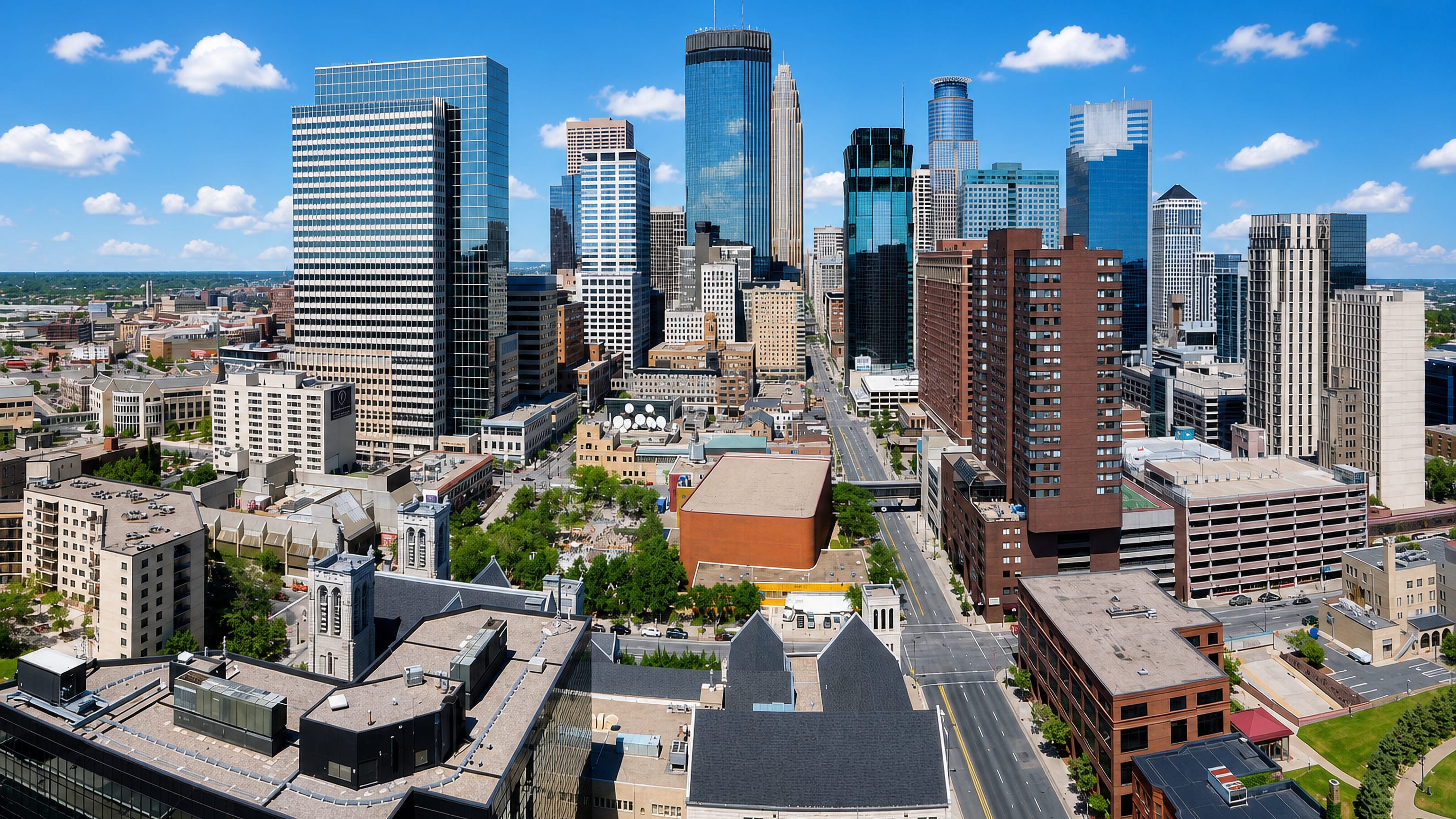 Aerial view of downtown Minneapolis in the Central neighborhood, glass towers rising above a sunlit street grid.