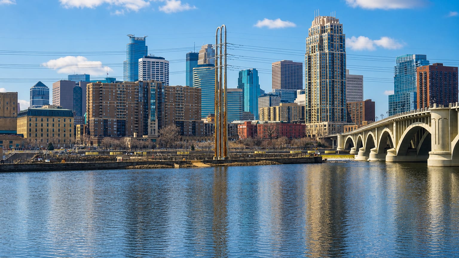 Minneapolis's downtown skyline across the Mississippi River beside the arched Third Avenue Bridge.