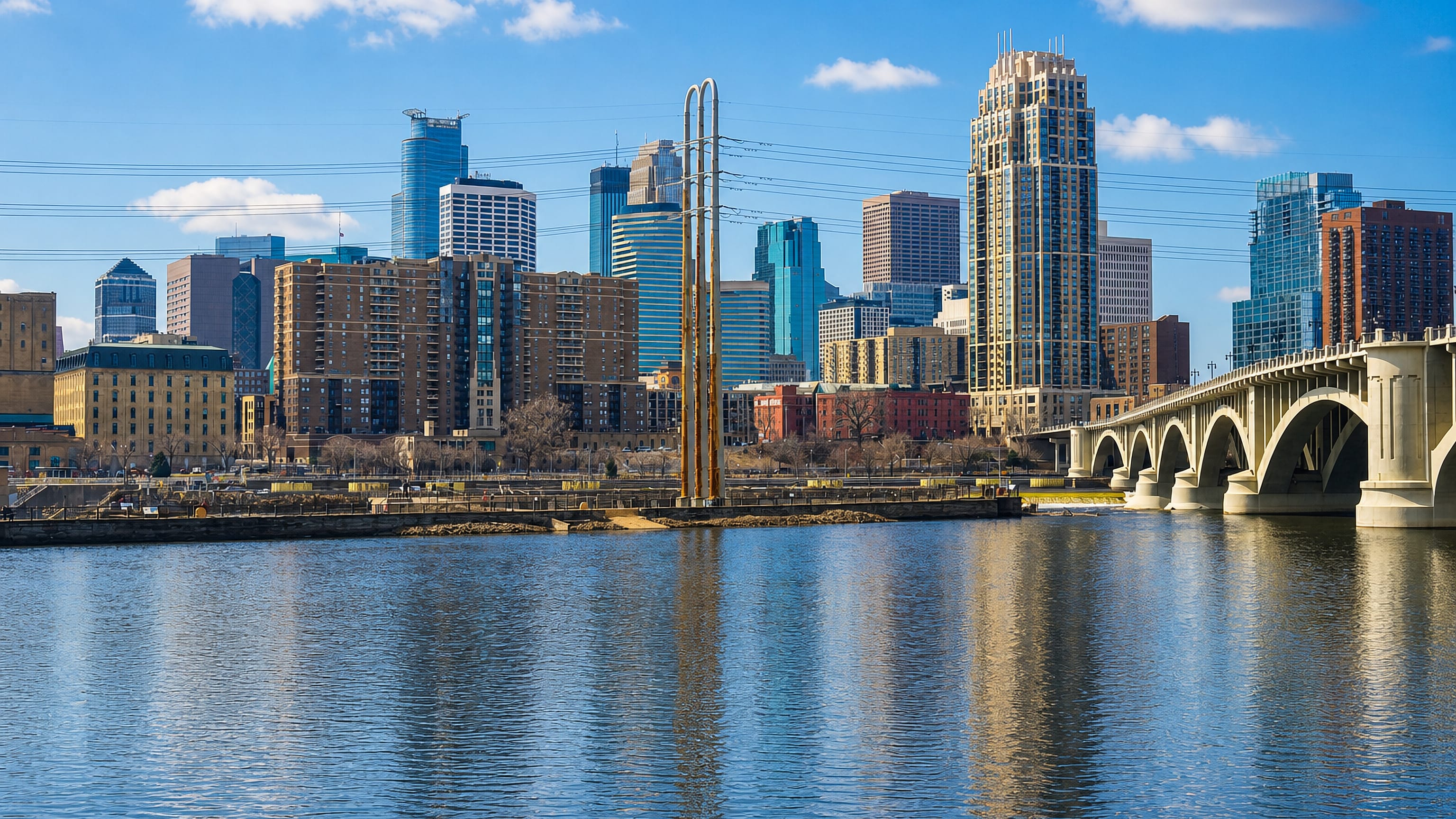 Minneapolis's downtown skyline across the Mississippi River beside the arched Third Avenue Bridge.