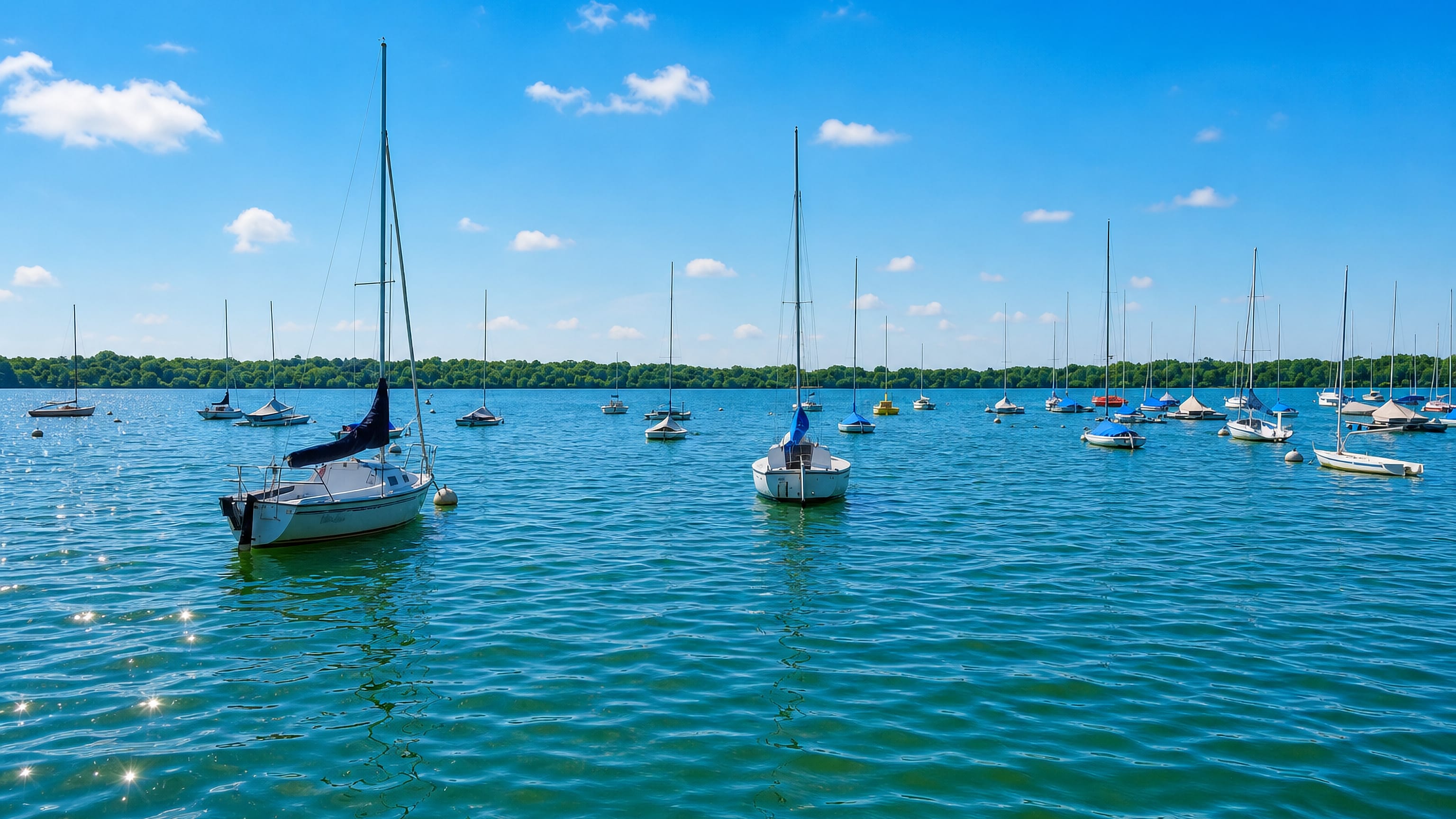 Sailboats moored on the lake beside Linden Hills, Minneapolis, under a clear summer sky.