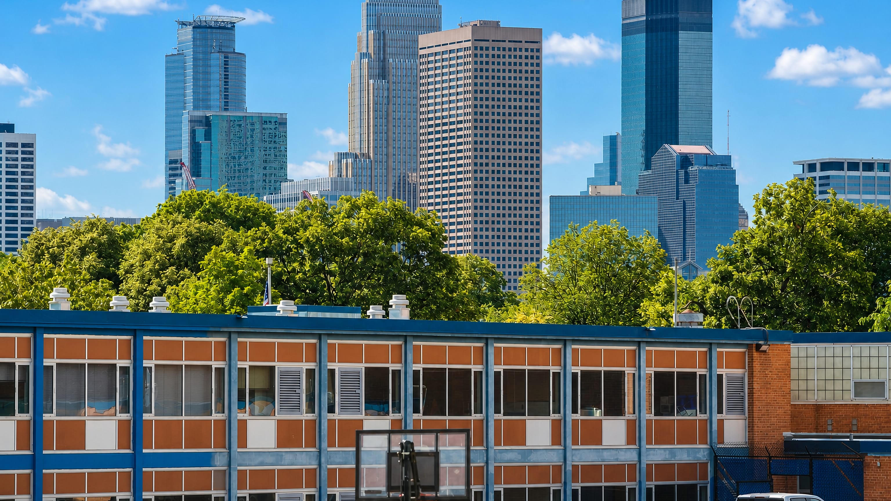 Minneapolis downtown skyline rising beyond trees and a low school building in the Near North neighborhood.