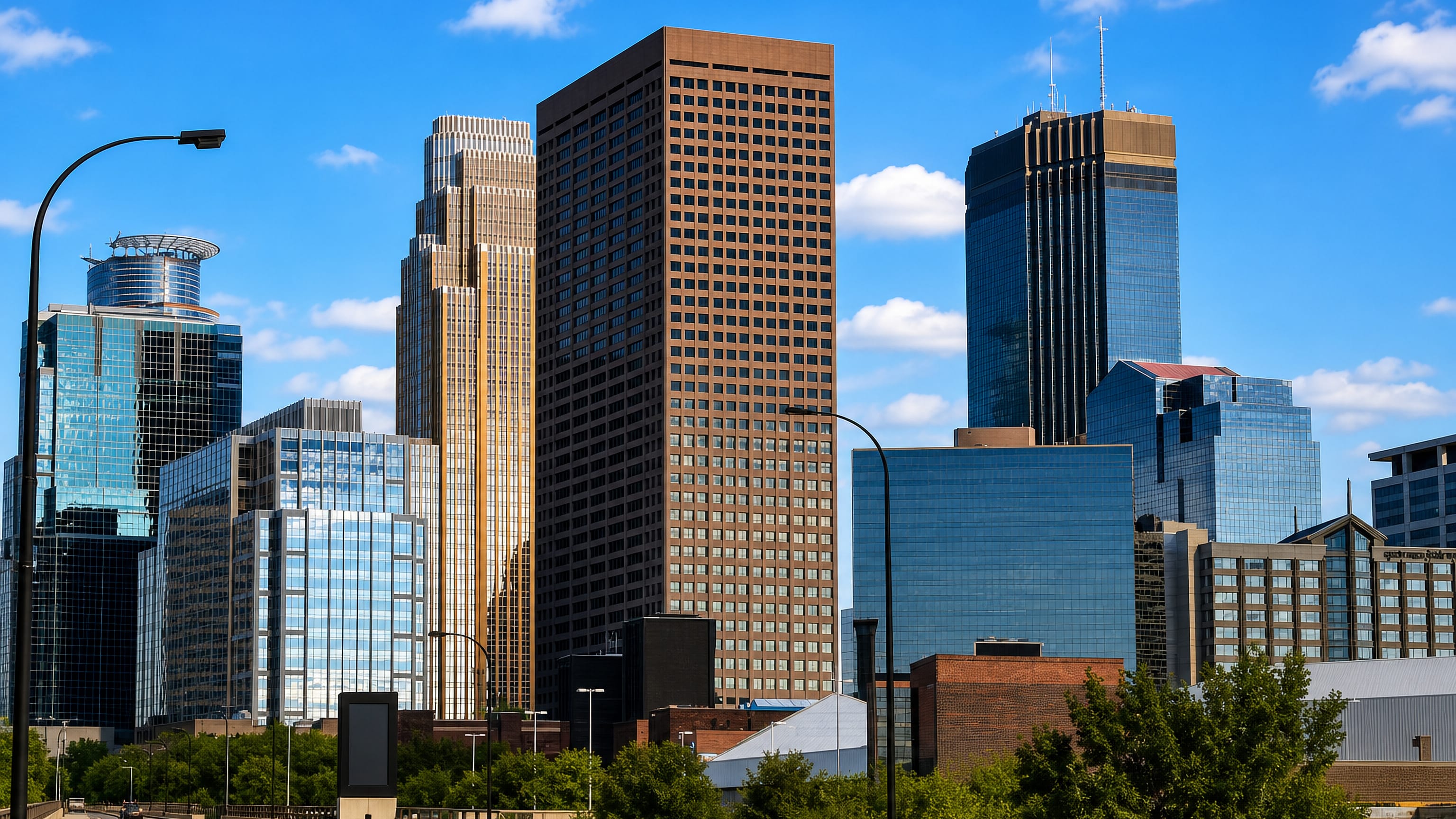 Downtown Minneapolis towers rising beyond the road into the North Loop under a clear sky.