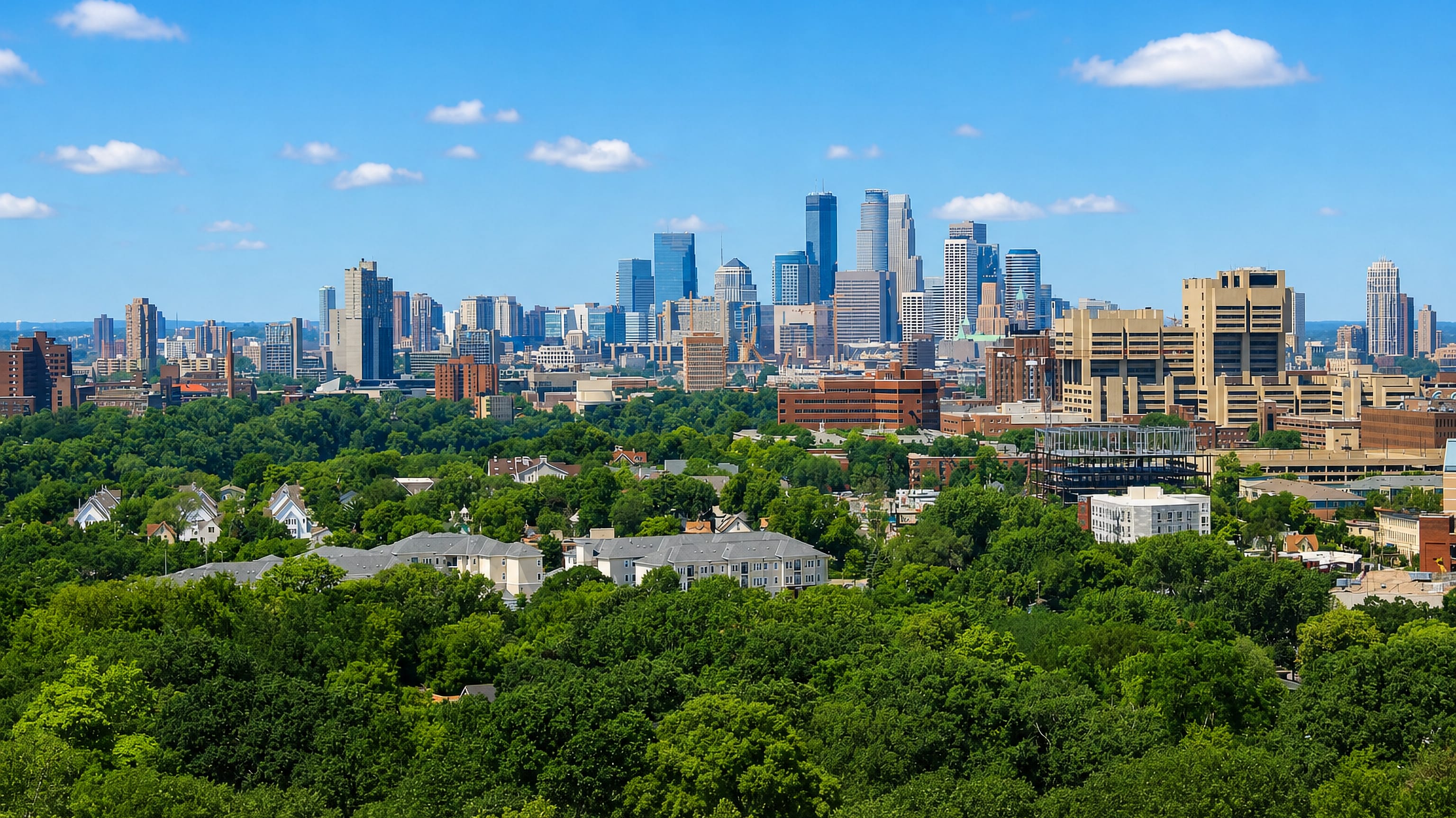 Minneapolis downtown skyline rising beyond the wooded rooftops of the Prospect Park neighbourhood.