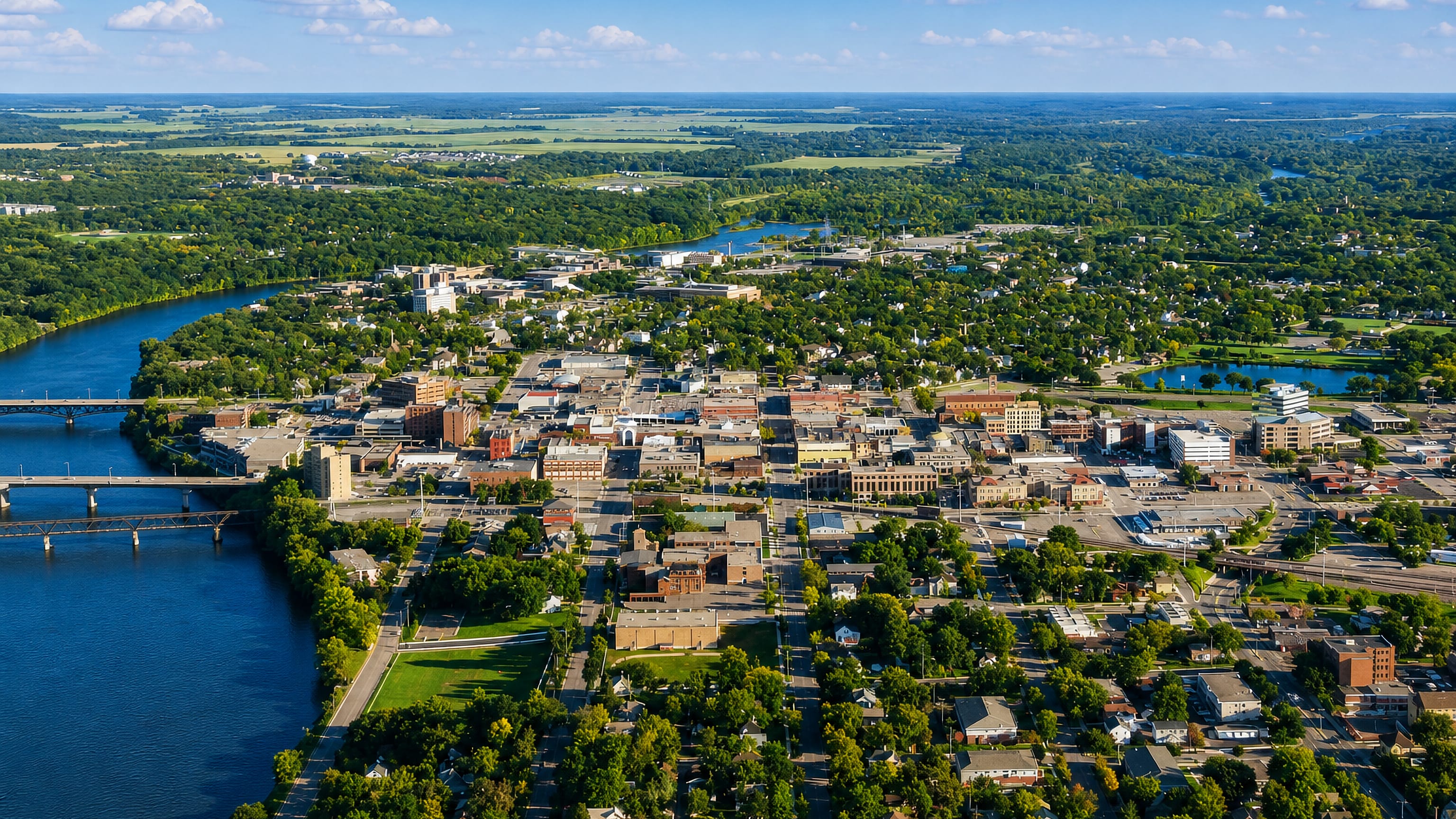 Aerial view of downtown Saint Cloud, Minnesota, and its bridges over the Mississippi River