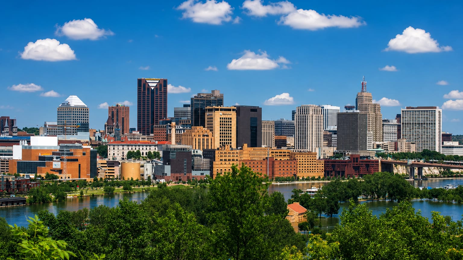 Saint Paul, Minnesota downtown skyline across the Mississippi River, framed by green riverbank trees.