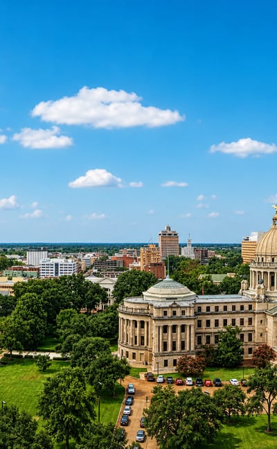 The domed Mississippi State Capitol amid downtown Jackson's skyline and tree-lined grounds on a sunny day.