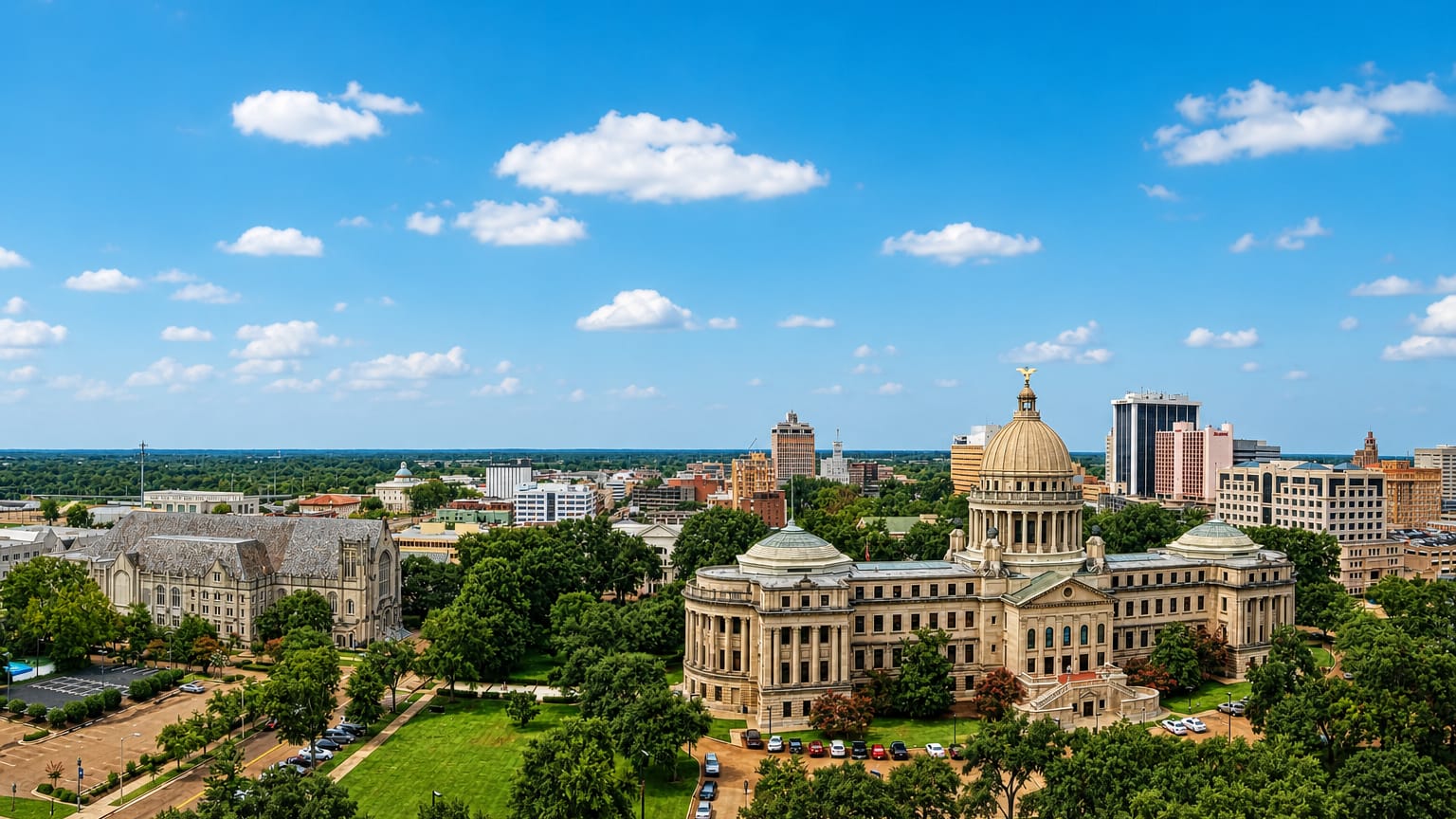 The domed Mississippi State Capitol amid downtown Jackson's skyline and tree-lined grounds on a sunny day.