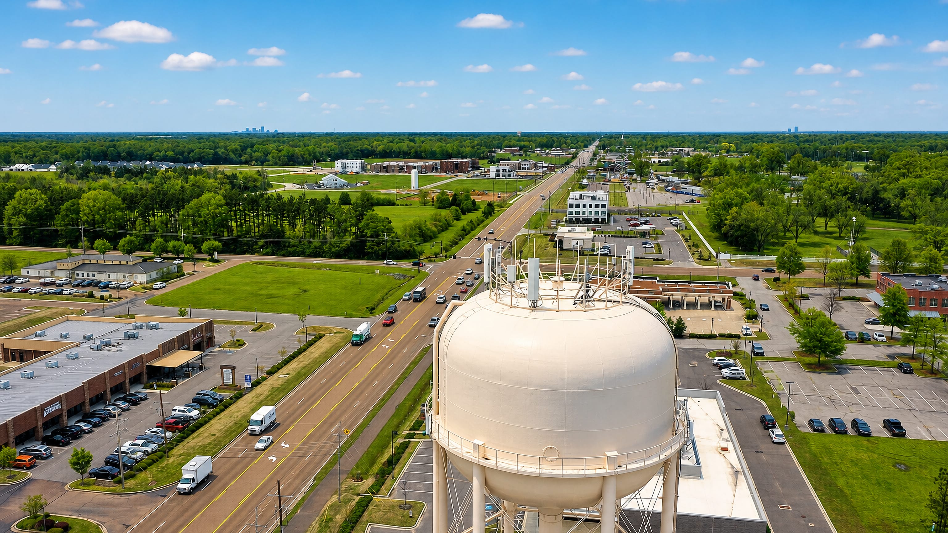 Aerial view of Southaven, Mississippi: a water tower above roadside retail with a distant downtown skyline.