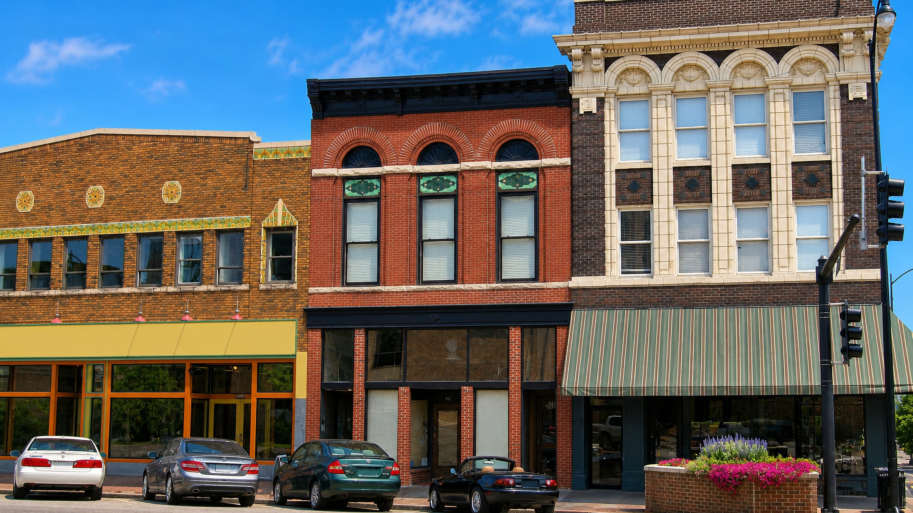 Restored brick and terracotta storefronts along a downtown street in Columbia, Missouri, with cars parked at the kerb