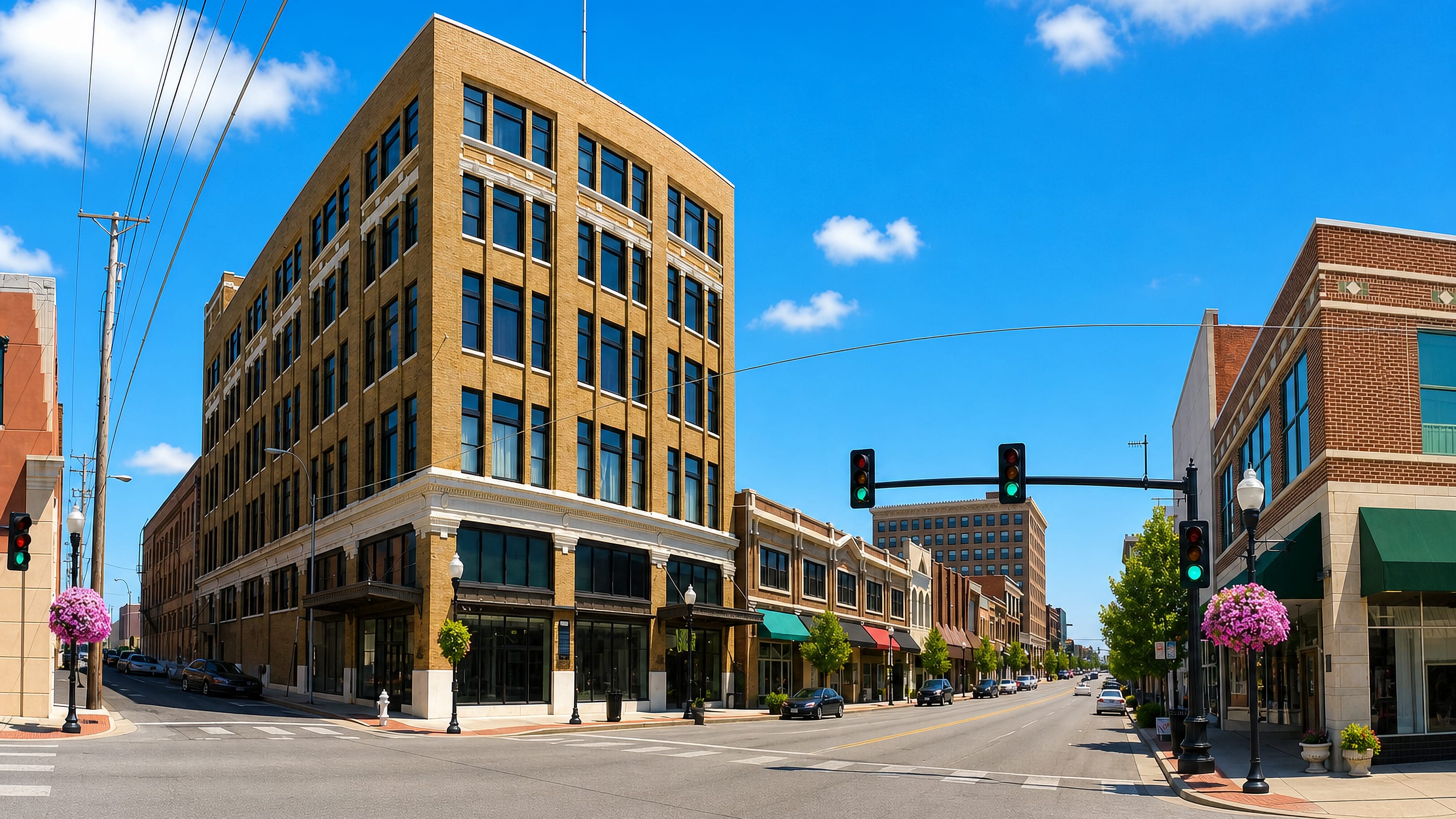 Downtown Joplin, Missouri, with a tan-brick corner block and rows of storefronts lining the main street.